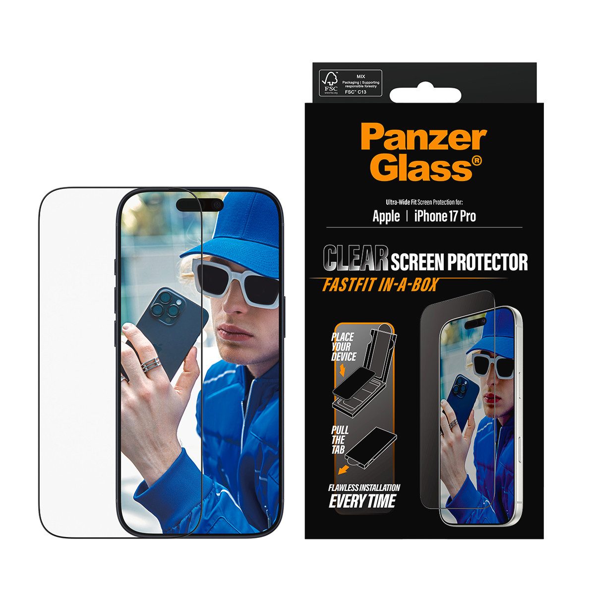 CARE by PanzerGlass Displayschutzglas Ultra-Wide Fit Screen Protector FASTFIT IN-A-BOX für Apple iPhone 17 Pro, Displayschutzfolie, Schutzfolie, Bildschirmschutz, kratz- & stoßfest
