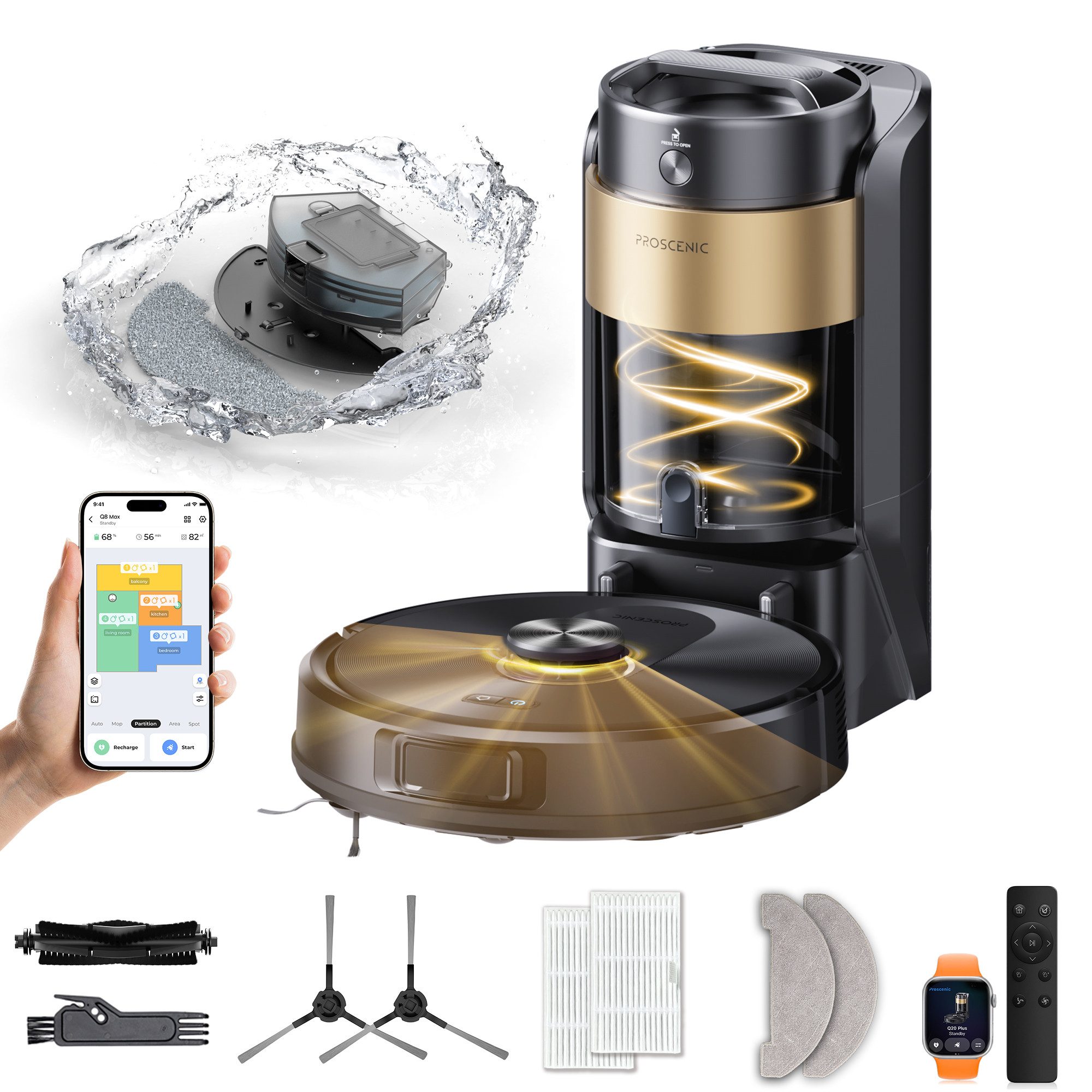 Proscenic Saugroboter mit Wischfunktion,2× Tiefenreinigung,Dual-Laser LiDAR,Teppicherkennung, beutellos, AI- Hinderniserkennung,Ultra-leiser Betrieb,Anti-Verwicklungs-Sensorik