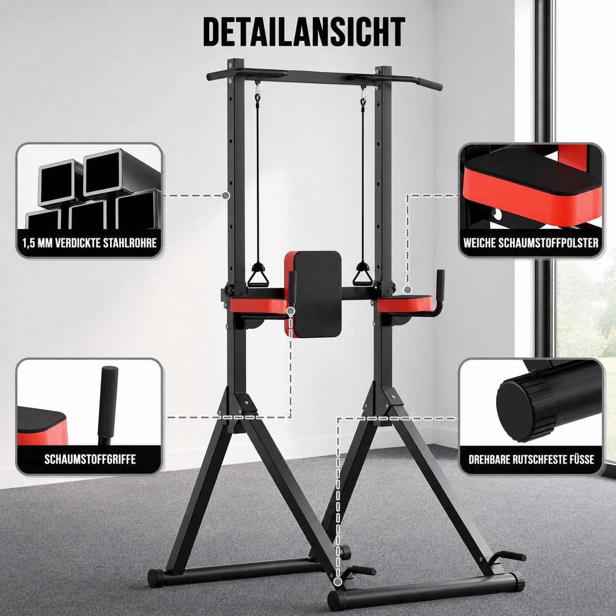 ZAISZE Kraftstation Power Tower Multifunktionale Kraftstationen für Zuhause, (Fitnessstation, Ergonomisch Kraftstation - mit Klimmzugstange, 9-fach Höhenverstellung, Dip-Station Klimmzugstange Freistehend), 163–243 cm, Elastikband, Klimmzugstange Freistehend für Home Gym