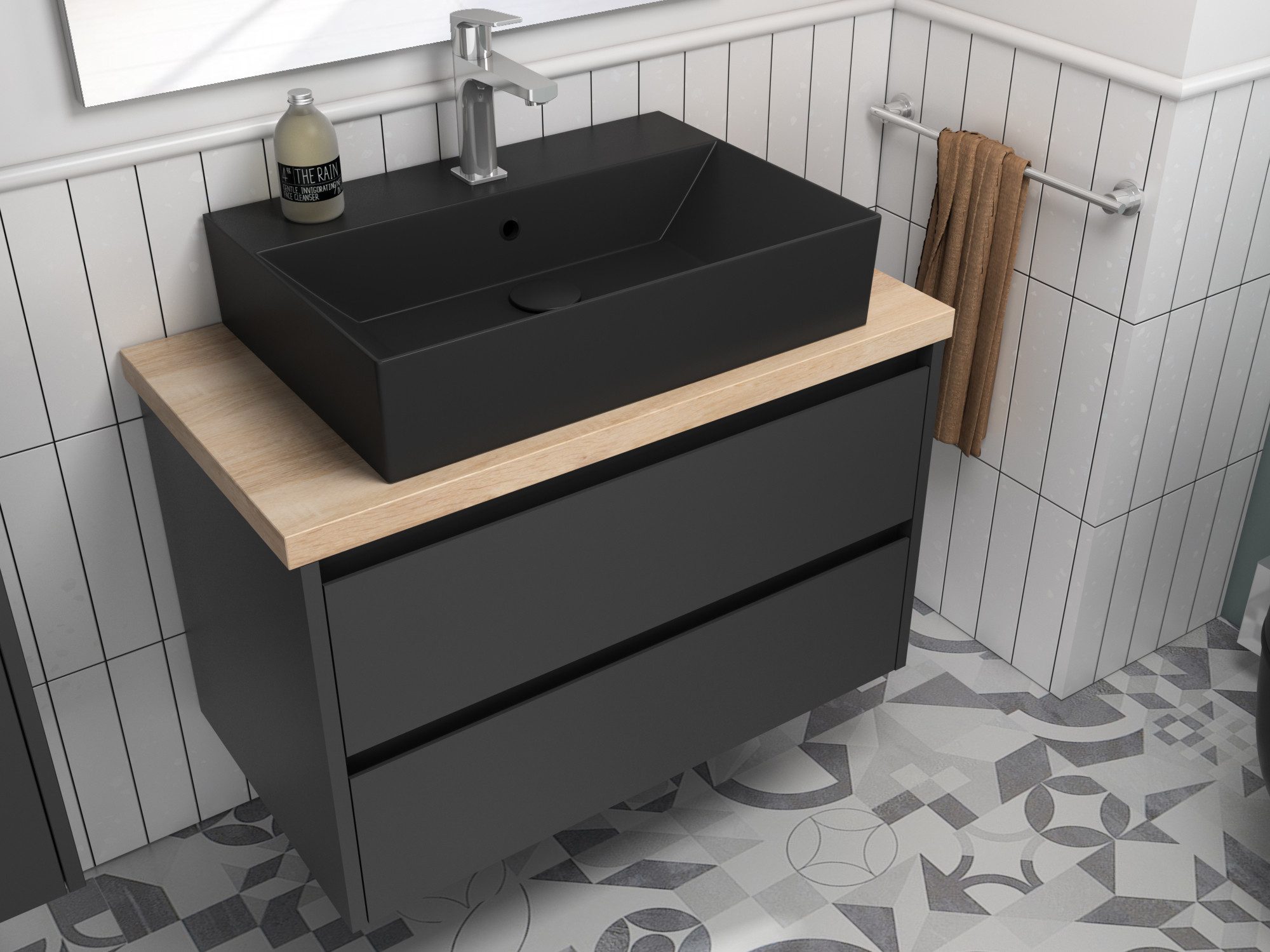 Aqua Bagno Badmöbel-Set Badschrank 80cm mit matt schwarzem Waschbecken, anthrazit lackiert, (Badschrank vormontiert, 3-St., Badmöbelschrank mit Trägerplatte, Waschbecken), einfache Montage
