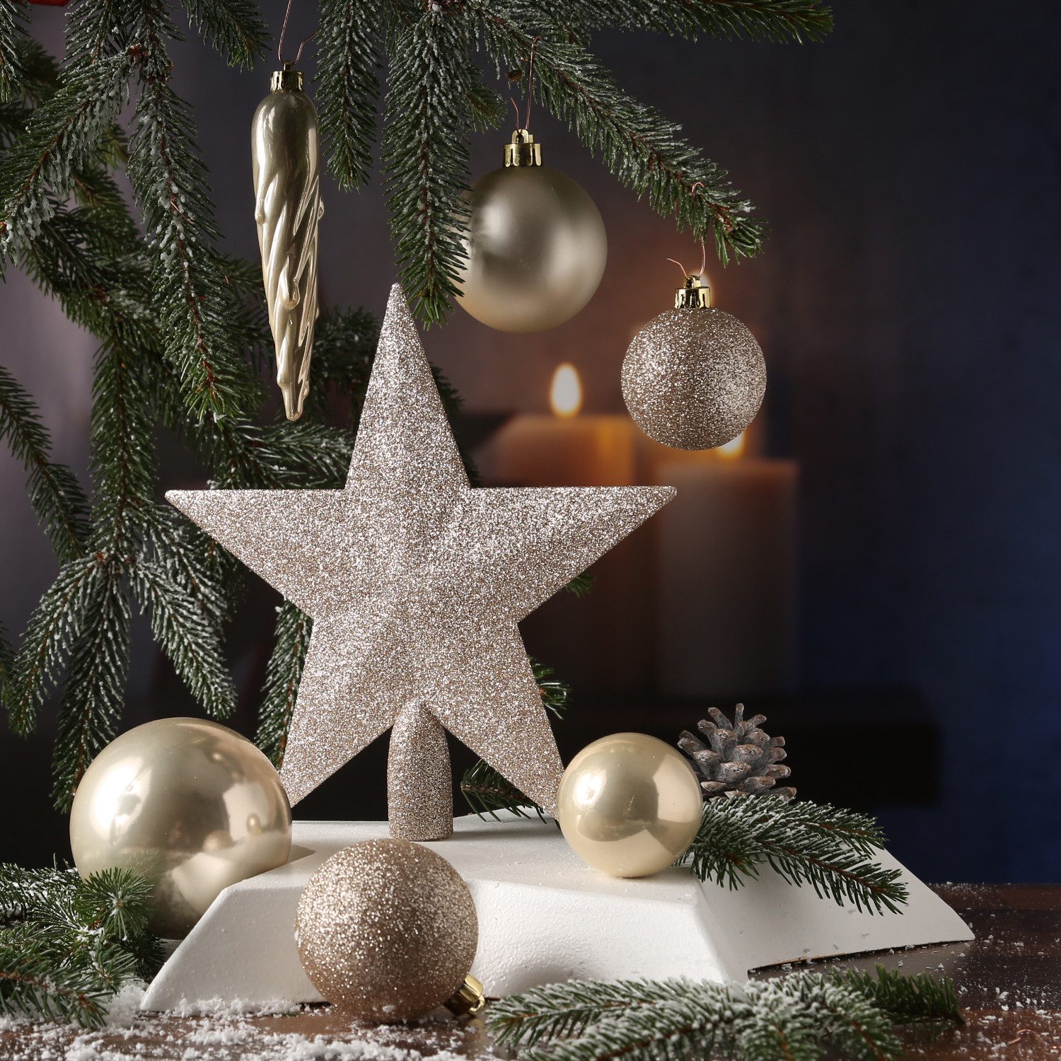 MARELIDA Weihnachtsbaumkugel Christbaumkugeln Weihnachtskugeln mit Stern Baumspitze creme 33St. (33 St)
