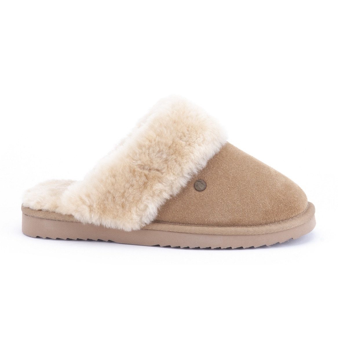 WARMBAT Pantoffel Flurry Suede mit Merino Schaffell camelbraun Damen Hausschuh