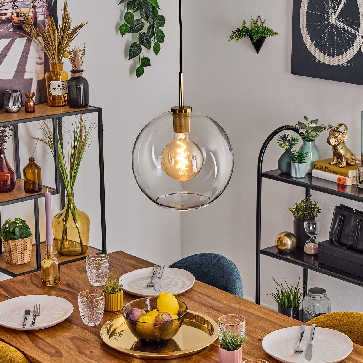 Hängeleuchte Hängelampe aus Metall/Glas in Schwarz/Goldfarben/Klar