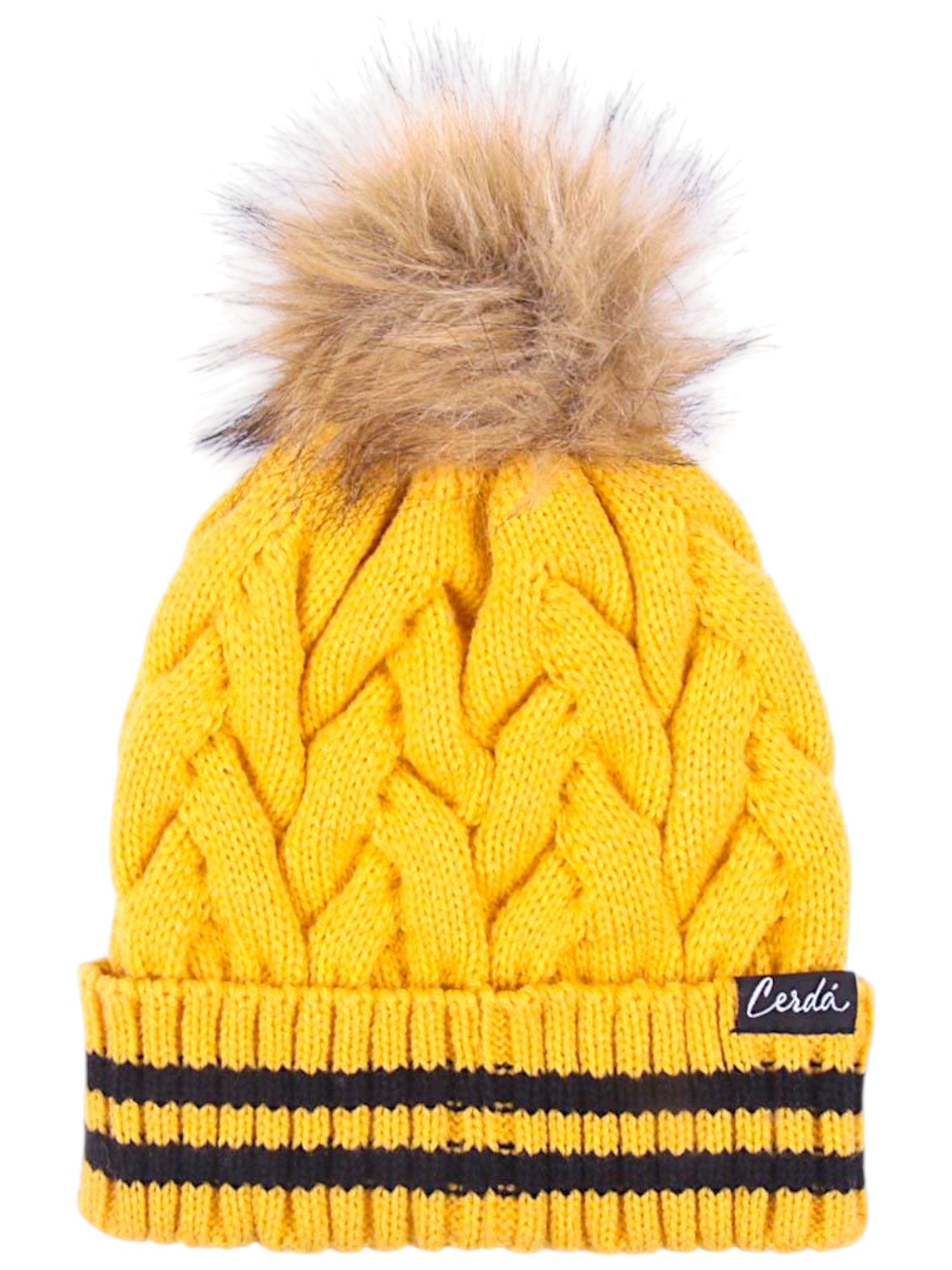 Cerdá Bommelmütze Harry Potter - Hufflepuff Strickmütze mit Zopfmuster & Kunstfell-Bommel 56 cm