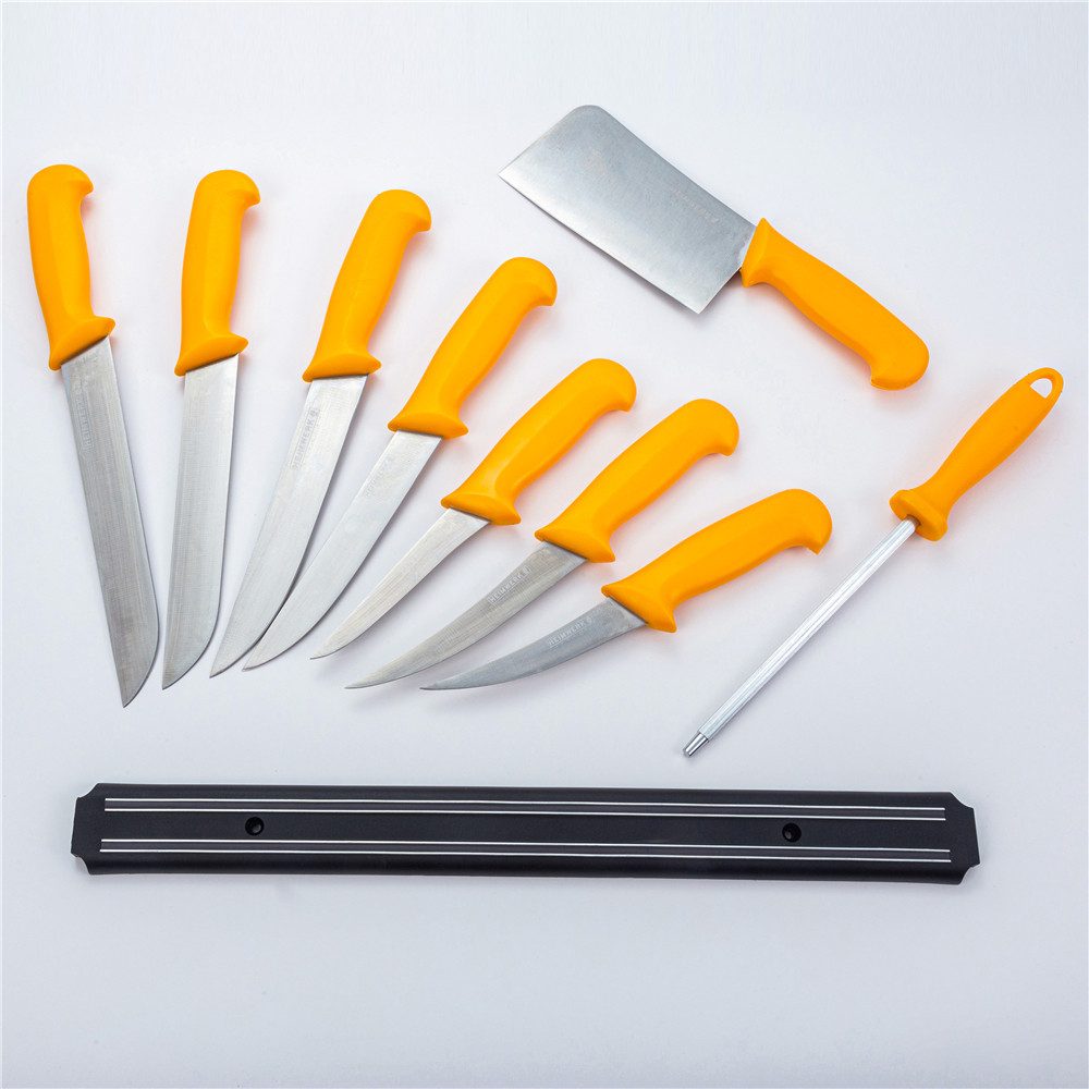 HOOZ Messer-Set Profi Fleischermesser 10-teilig mit Wetzstahl Ausbeinmesser Hackbeil (10-tlg), Magnetstreifen für ordentliche und griffbereite Aufbewahrung