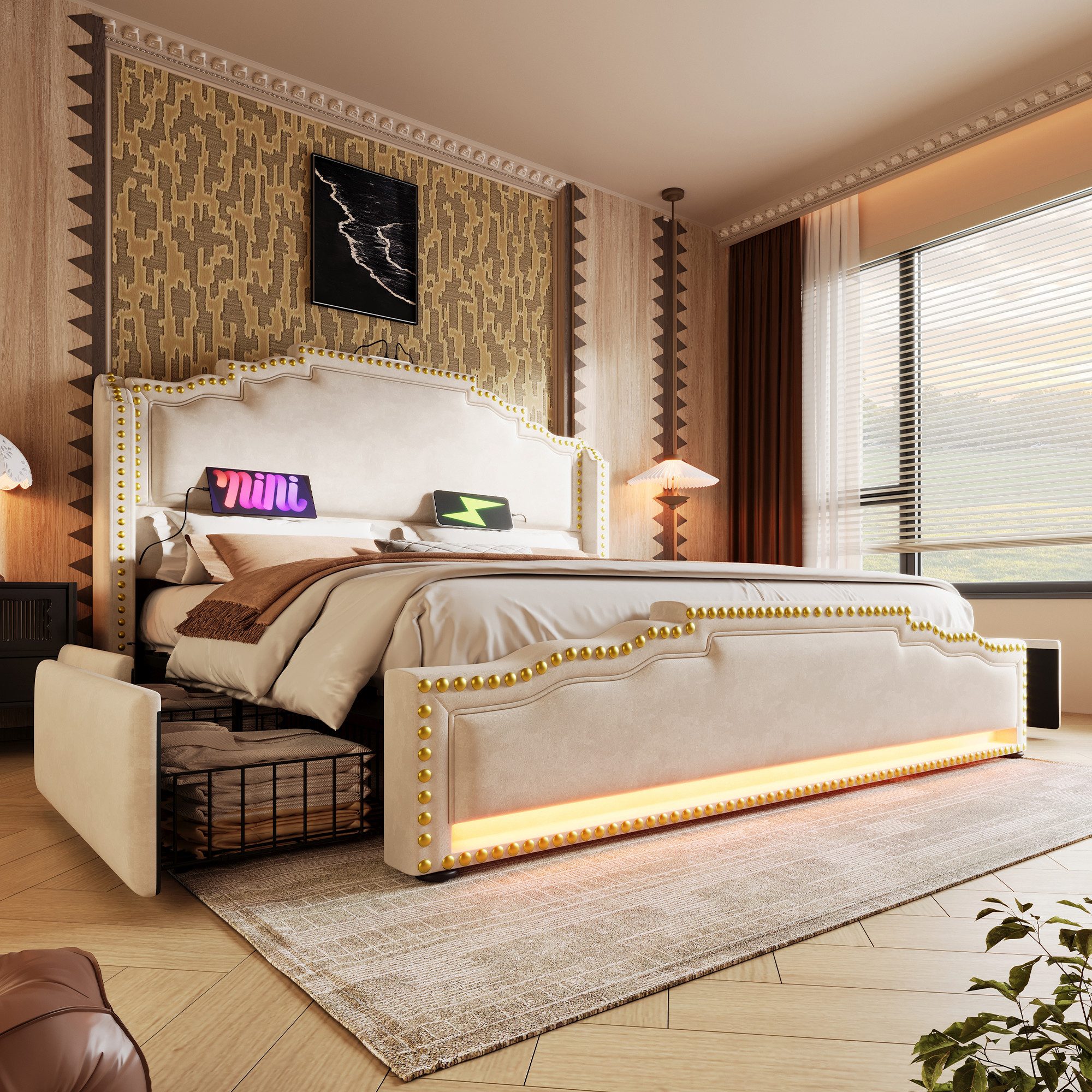 Celya Polsterbett Doppelbett mit 4 Schubladen, LED-Beleuchtung und USB-C-La günstig online kaufen