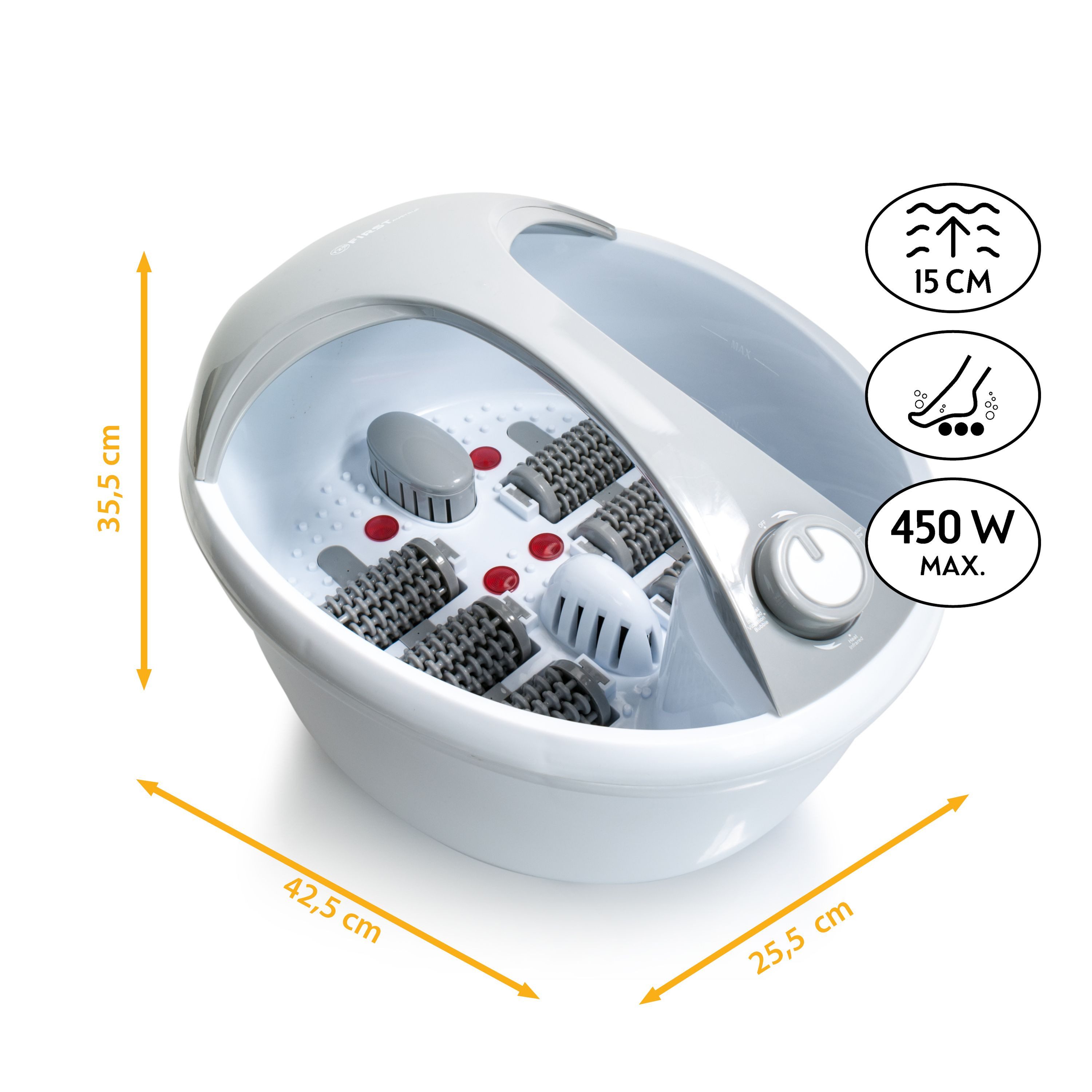 TZS FIRST AUSTRIA Fußmassagegerät mit Massagefunktion, 450W, bis 45°C, 6 Massagewalzen, Fußbad mit Infrarot- und Heizfunktion, Griff, Aromabox