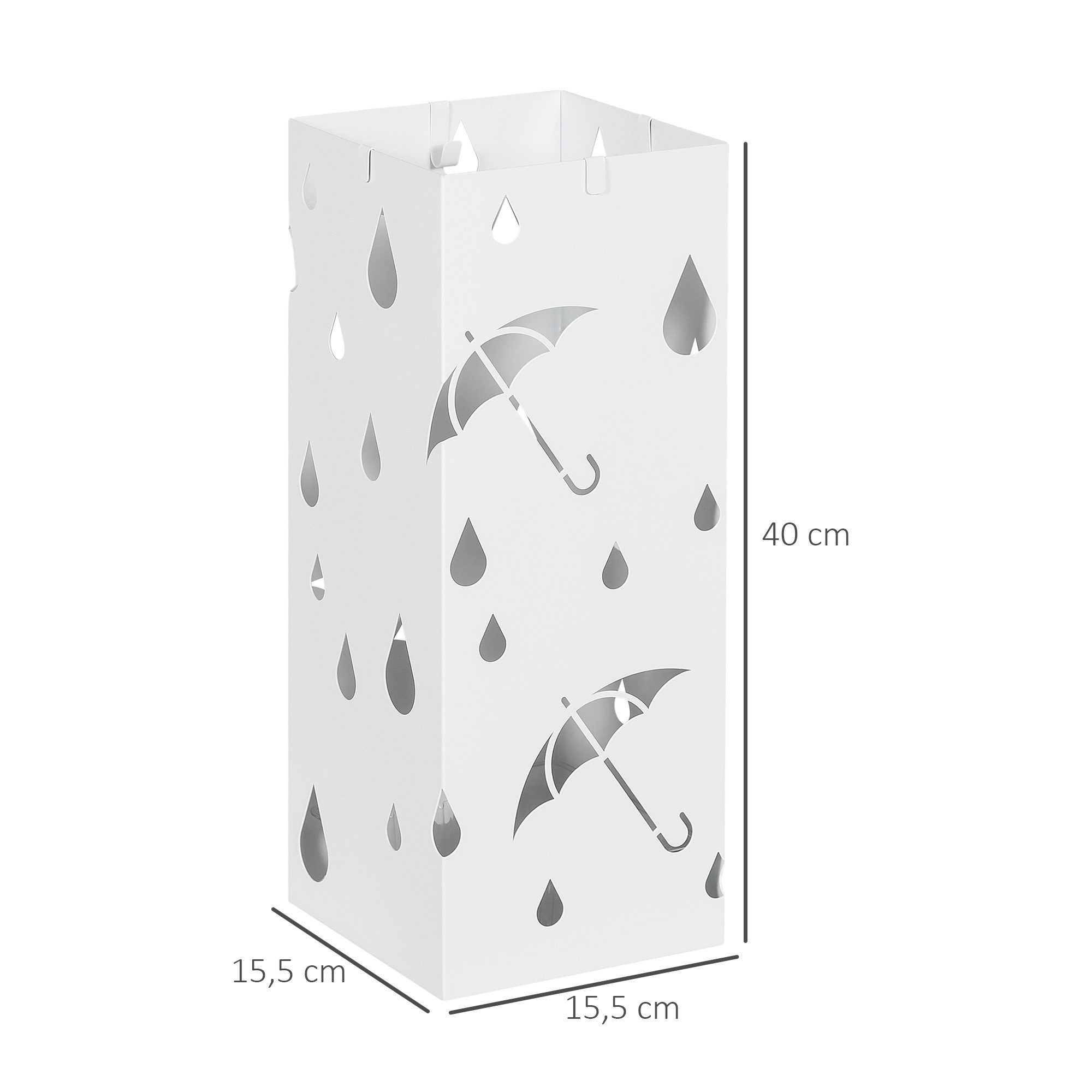 HOMCOM Schirmständer Regenschirmständer mit 4 Haken, Wasserauffangschale, für Flur (Regenschirmhalter für Regenschirme, Gehstöcke, 1 St., Stahl), 15,5 x 15,5 x 40 cm, Weiß