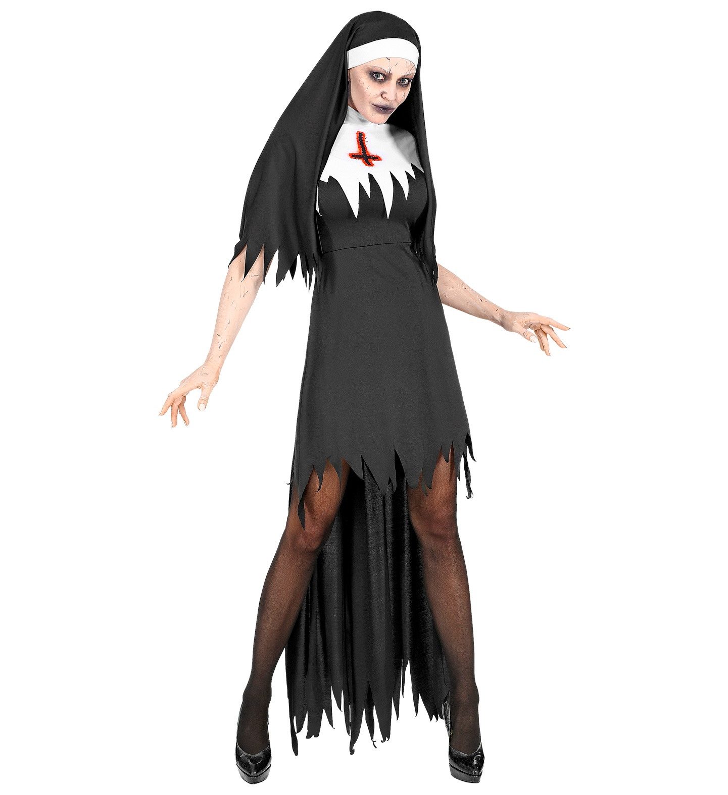 Widmann S.r.l. Hexen-Kostüm Horror Nonne Halloween Kostüm für Damen, Schwarz