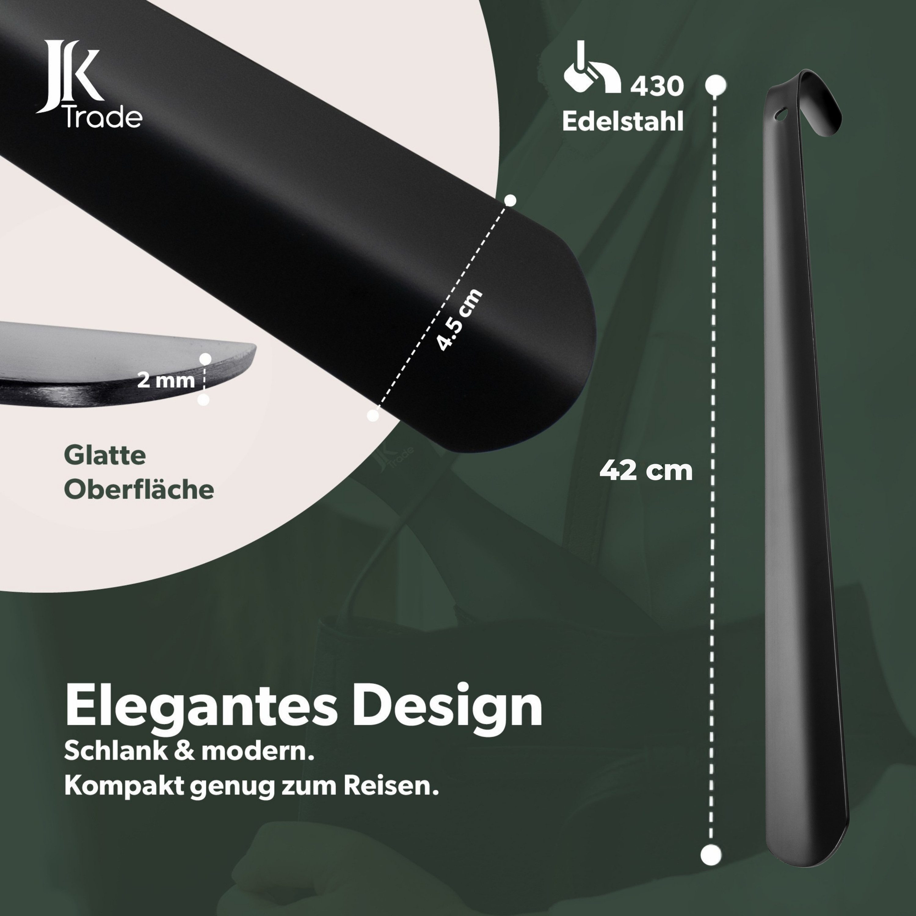 JK Trade Schuhlöffel 42cm Edelstahl Schwarz pulverbeschichtet (1-tlg., lang & stabil), Metall Schuhanzieher lang zum Stehen, Aufhängbar, 2mm Extra Stabil