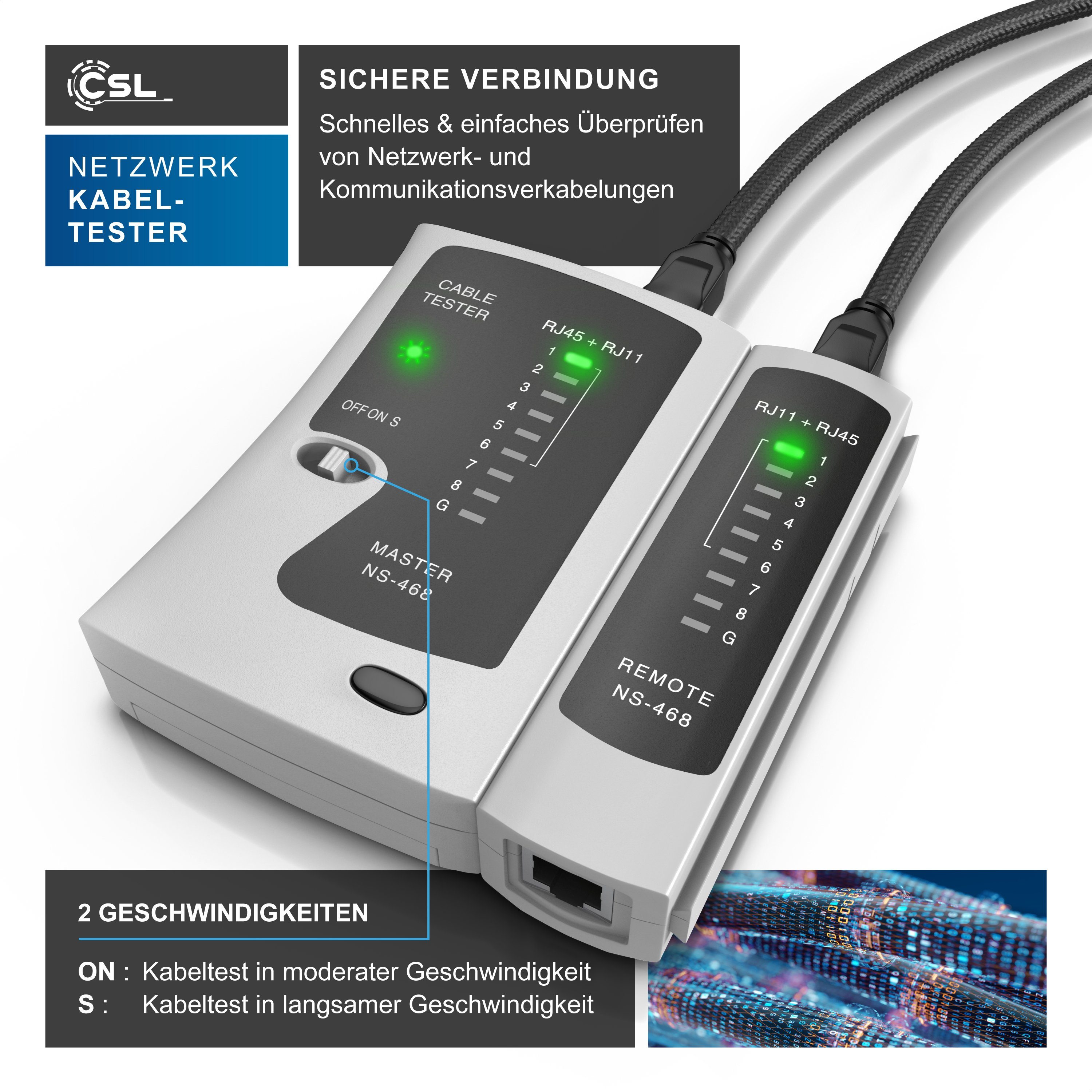 CSL Netzwerk Kabeltester für RJ45, RJ11, Telefon & Netzwerk mit Zubehör Netzwerk-Adapter RJ-45 (Ethernet) zu 2x RJ45, RJ-11, Leitungstester, Patchkabel-Tester, Abisolierer und Krimpzange