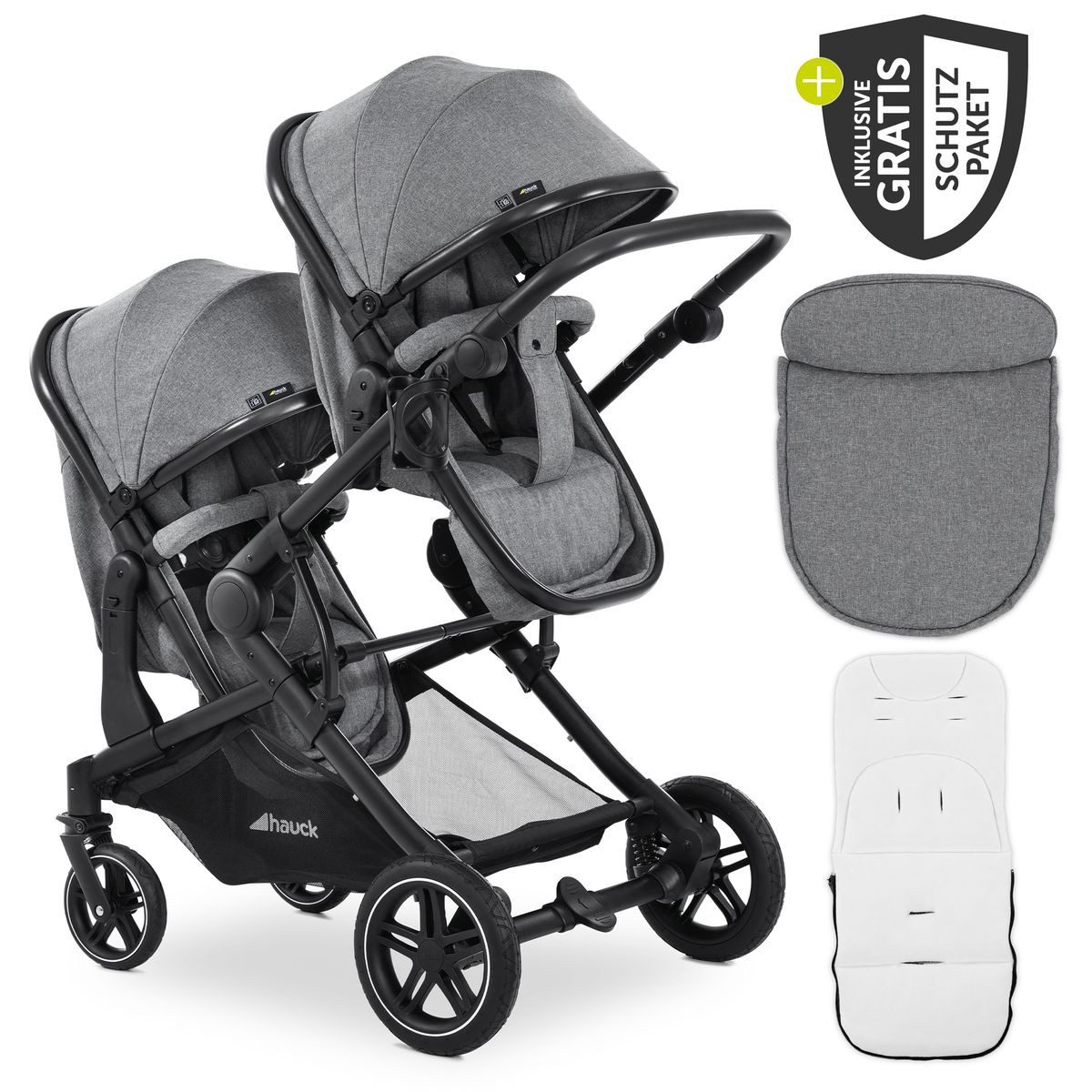 Hauck Zwillingsbuggy Atlantic Twin - Melange Grey, Zwillingskinderwagen ab Geburt bis 36 kg Babywanne umbaubar & Zubehör