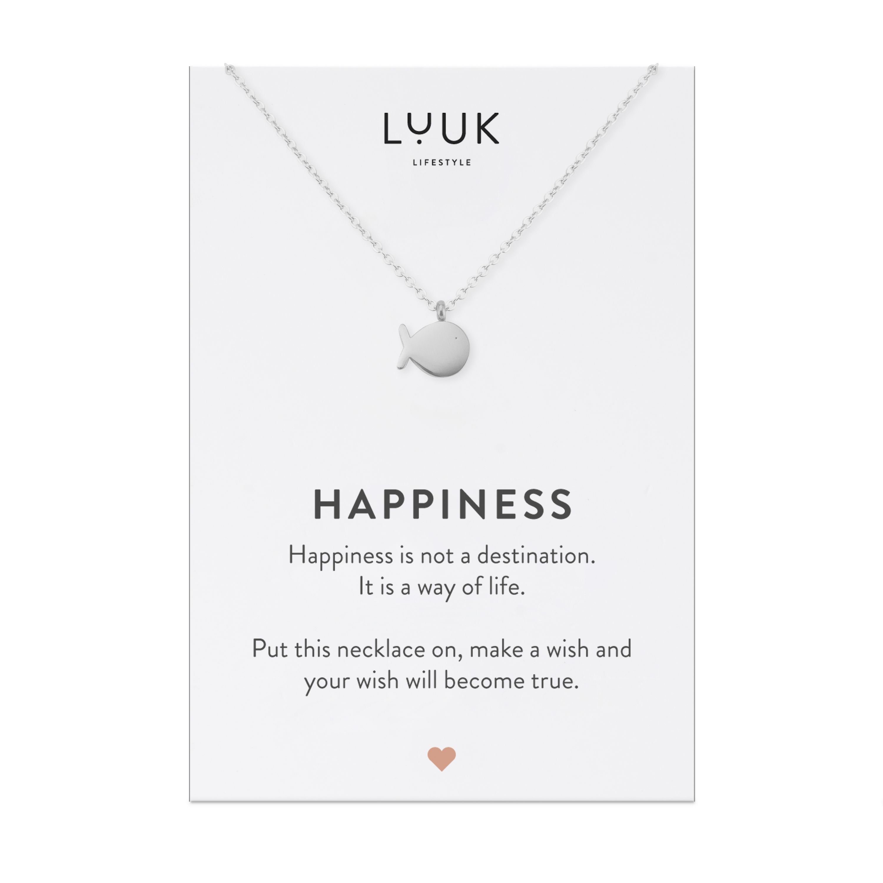 LUUK LIFESTYLE Kette mit Anhänger Fisch, Wal Fisch Anhänger, HAPPINESS Geschenkkarte, Glücksbringer, Edelstahl, Freundschaftskette, Damenschmuck mit Meer- und Wassermotiv, Silber