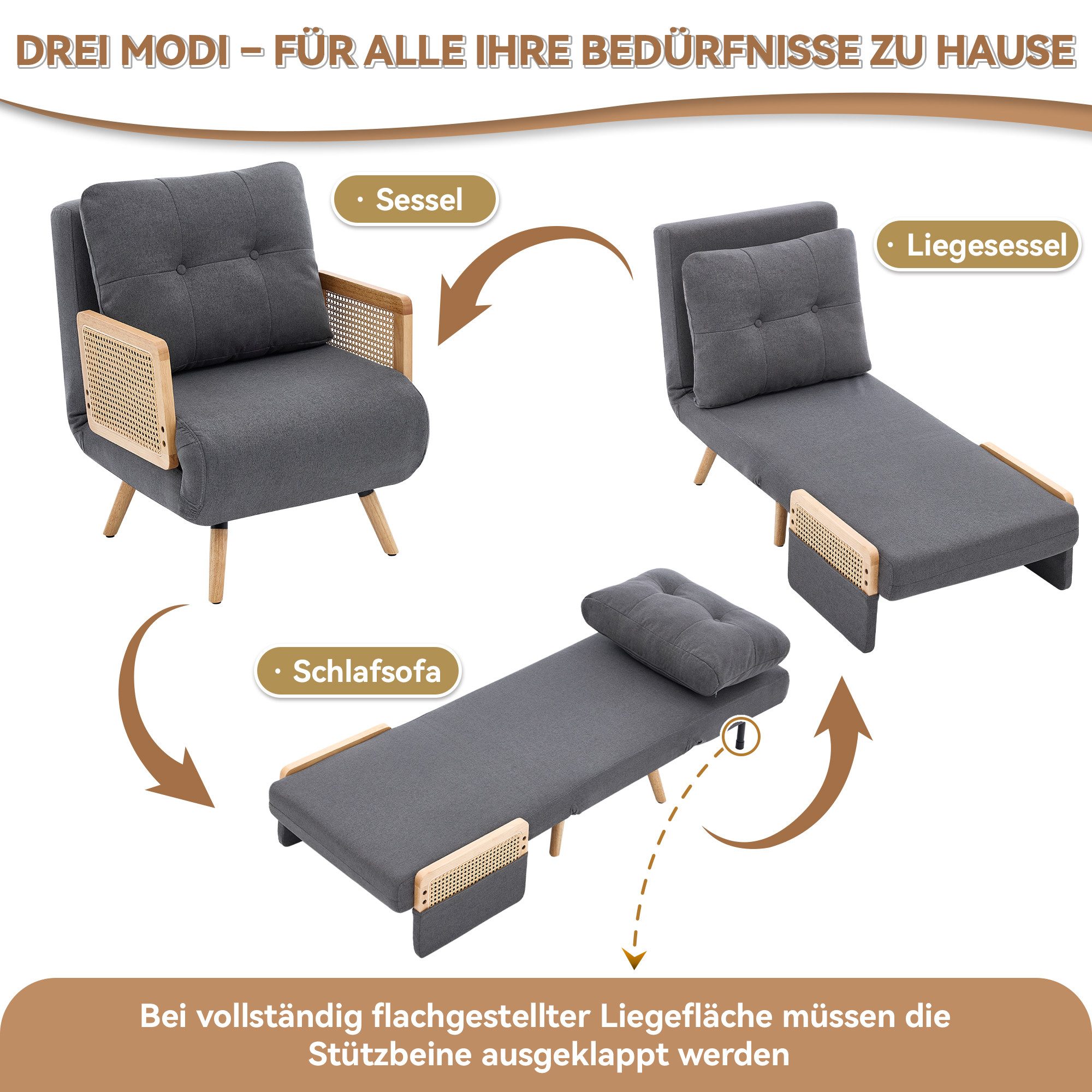Merax Relaxliege 3-in-1 Schlafsessel mit Schlaffunktion, ausklappbarer Relaxsessel, Schlafsofa Klappsofa 67,5 × 73 × 86,5 cm 1 Teile, 5-fach verstellbarer Loungesessel mit Rattan-Armlehnen, Leinen