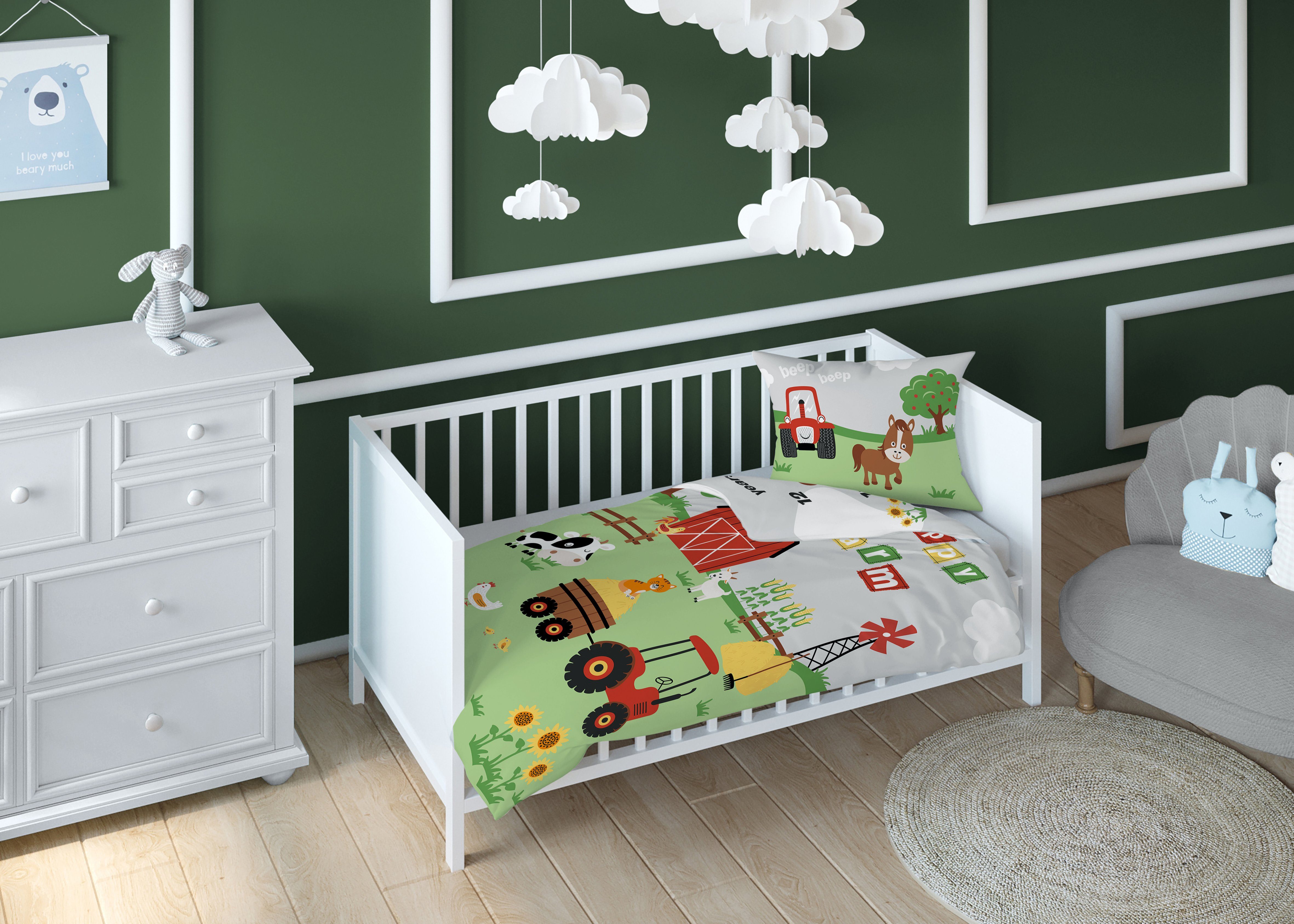 Häßler Homefashion Babybettwäsche Traktor blau Bauernhof 100% Baumwolle Größe: 100x135 cm, 40x60 cm, Baumwolle, 2 teilig
