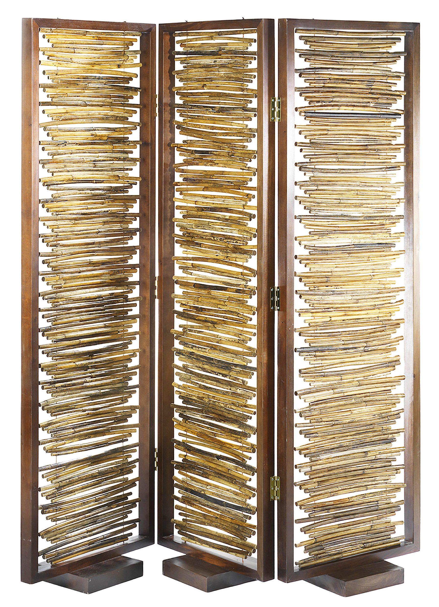 Kobolo Dekoobjekt Paravent 3-teilig aus Bambus mit Holzrahmen und Standfüßen (Einzelstück, 1 St., Einzelstück), 166x24x170 cm