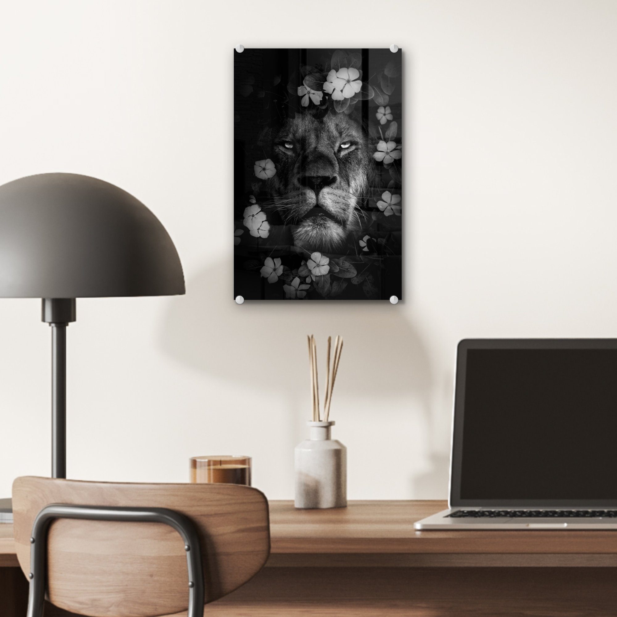 MuchoWow Acrylglasbild Löwe bunt - Blumen Glasbilder auf - St), Wandbild Foto - Glas schwarz und Wanddekoration Glas Dschungel auf - mit weiß, Bilder (1 im