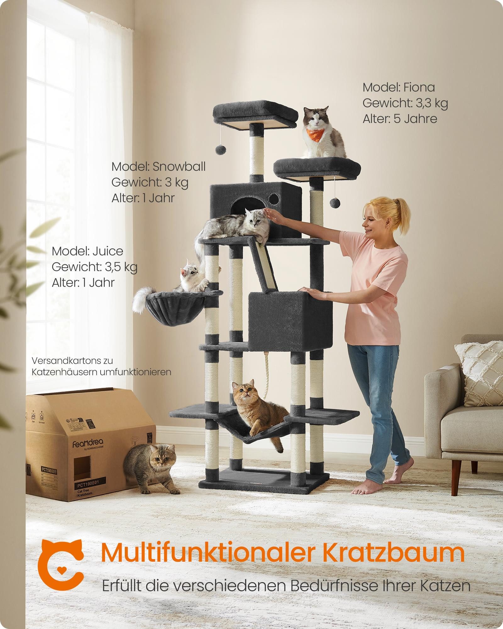FEANDREA Kratzbaum, Katzenbaum, 168/206 cm(H), mehrstöckig für große Katzen, Kippschutz