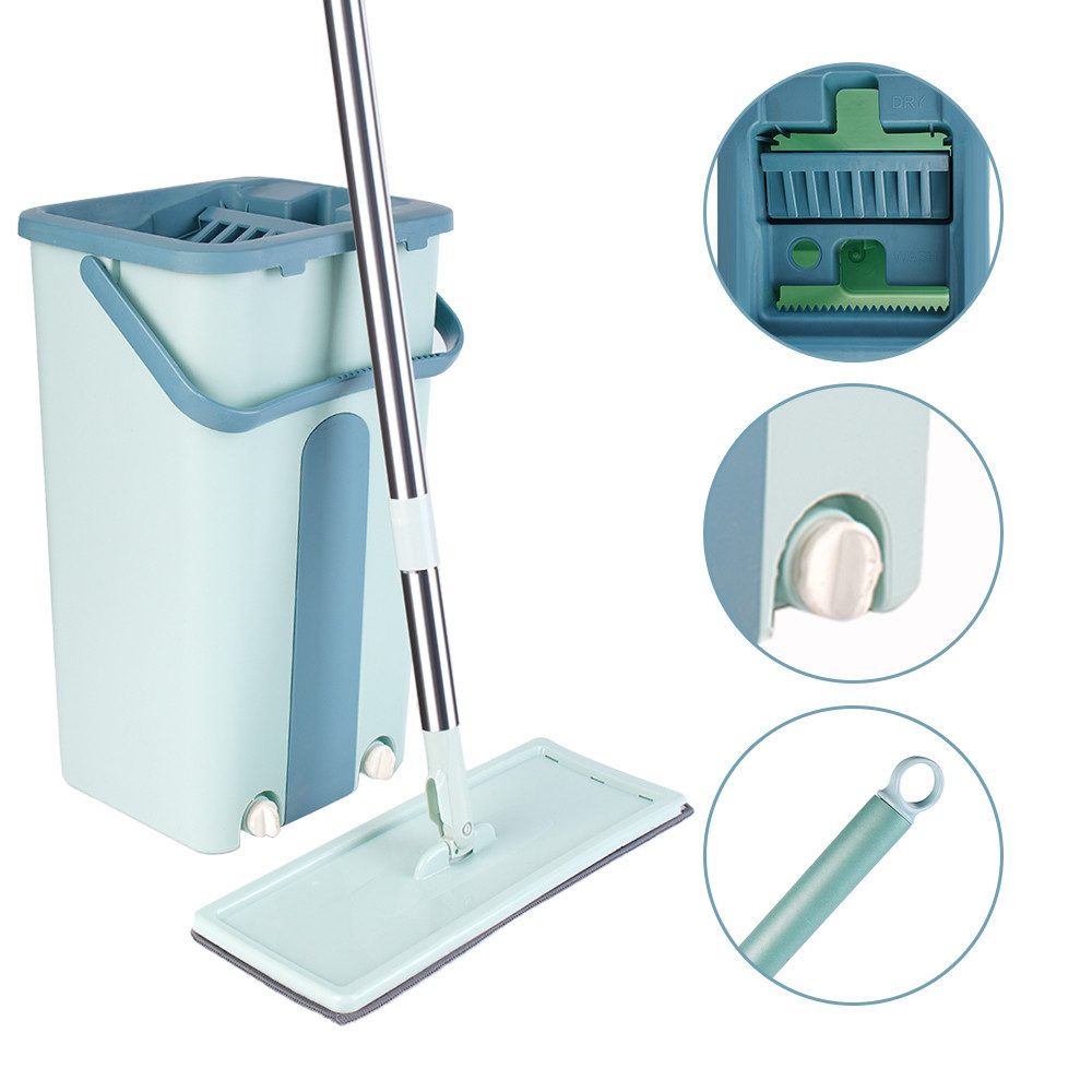 JEOBEST Wischmopp-Set Wischmopp Set mit Eimer mit 2 waschbaren Mikrofaser-Pads, Freihändiges Waschen, nass und trocken, 360 Grad drehbar