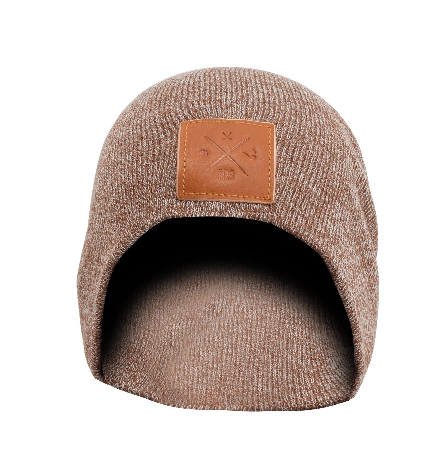 Beanie Mütze, mit Strickmütze Beanie, Beanie Echt-Leder/Stick Manufaktur13 Slouch lang, Veredelung Wood - Long