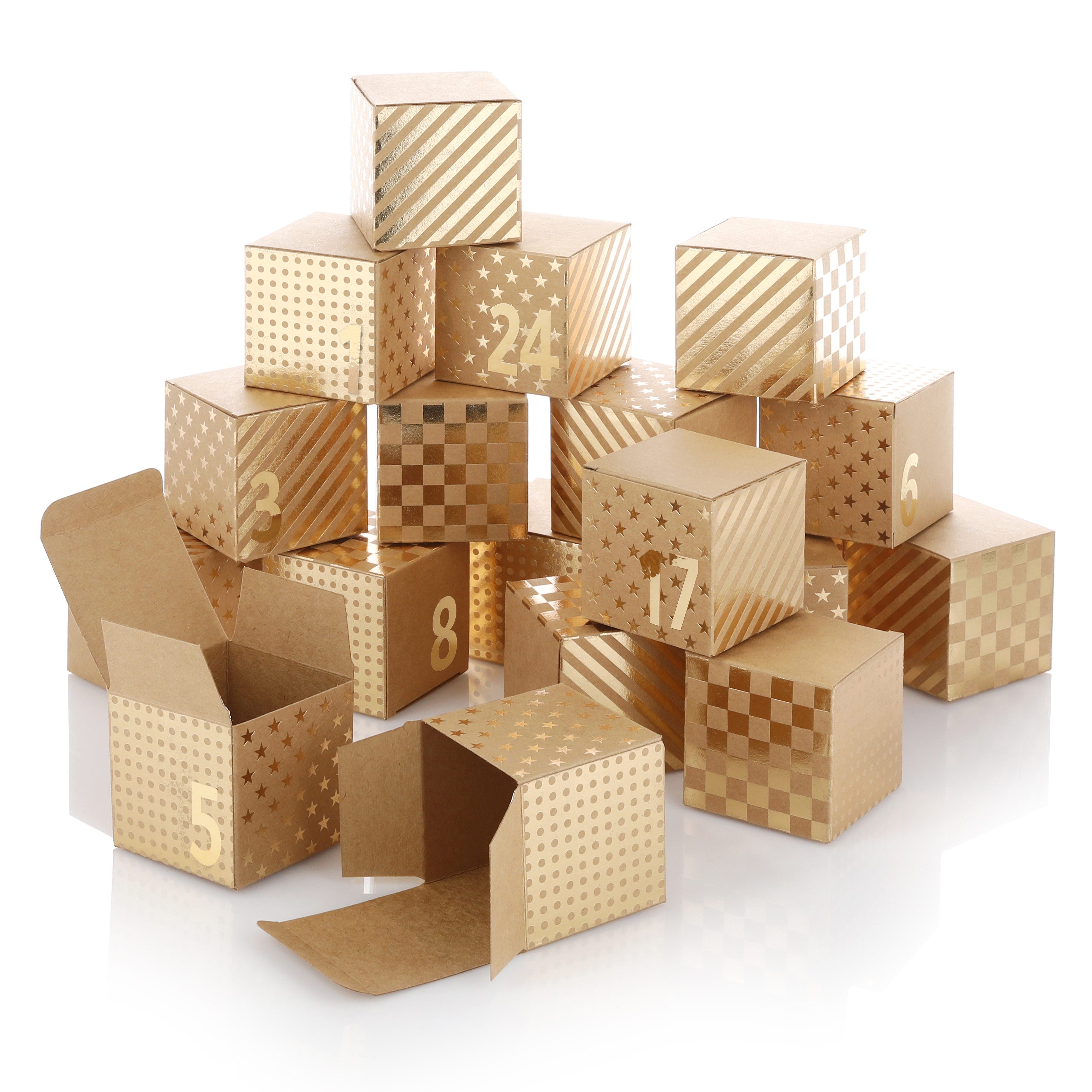 Nordstern befüllbarer Adventskalender 24 Goldene Geschenkboxen Schachteln und Zahlen Aufkleber, DIY Weihnachtskalender für Kinder, Frau und Mann