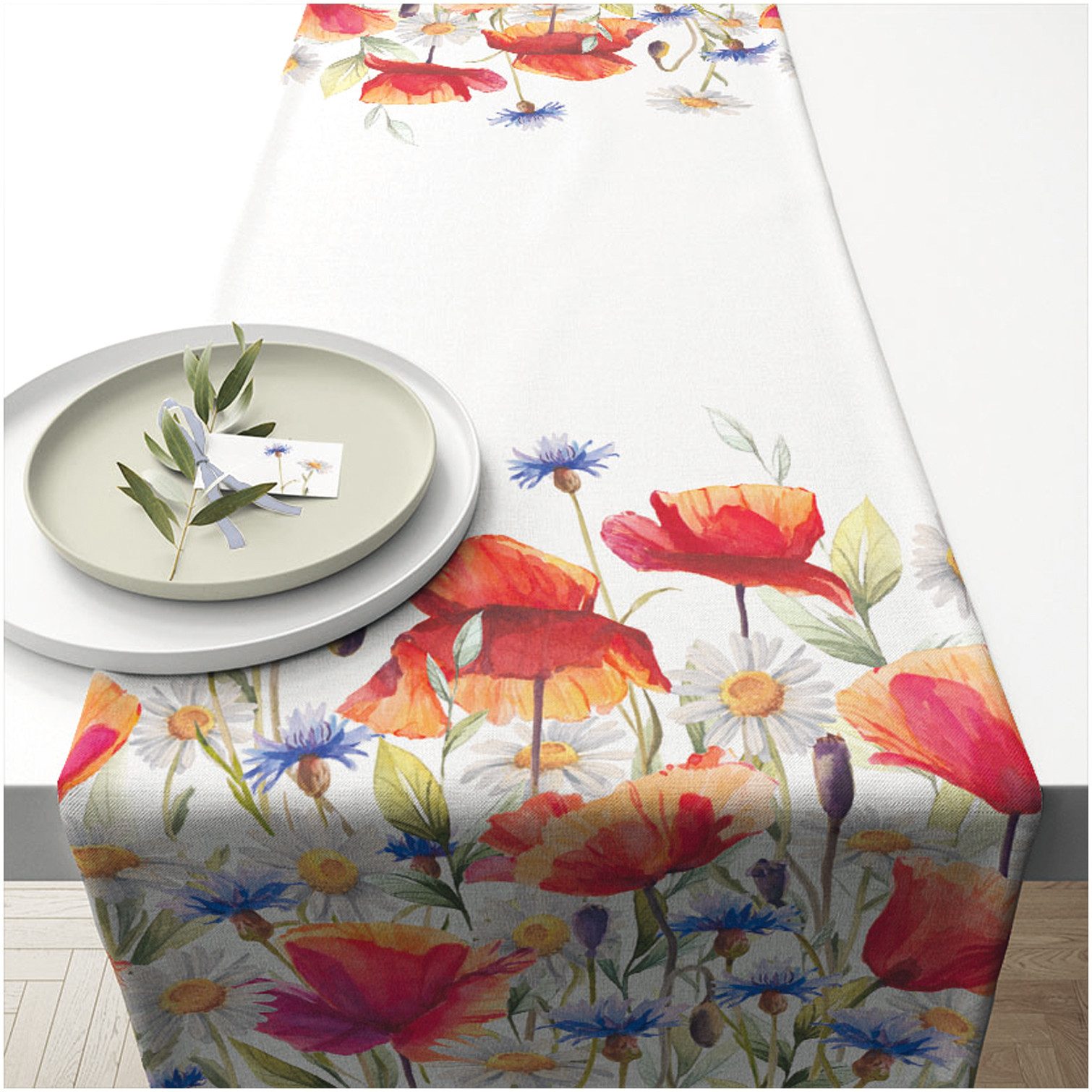 Ambiente® Tischläufer Poppies and cornflowers (1-tlg, 1-teilig), Tischläufer Tischdecke ca.40x150cm Baumwolle