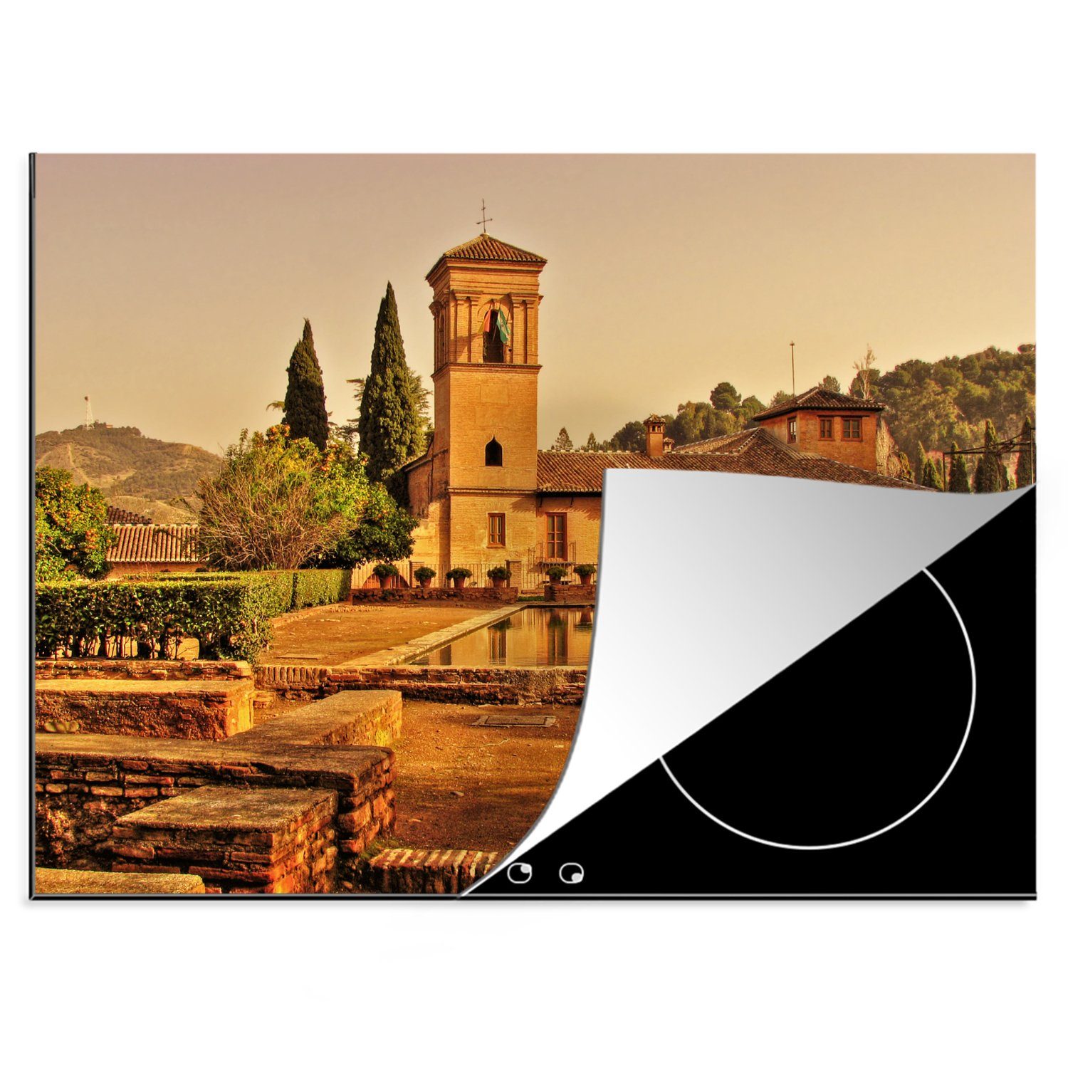 tlg), Herdblende-/Abdeckplatte Vinyl, Alhambra 70x52 Die Mobile MuchoWow bei Ceranfeldabdeckung (1 nutzbar, Granada, cm, Sonnenuntergang Arbeitsfläche