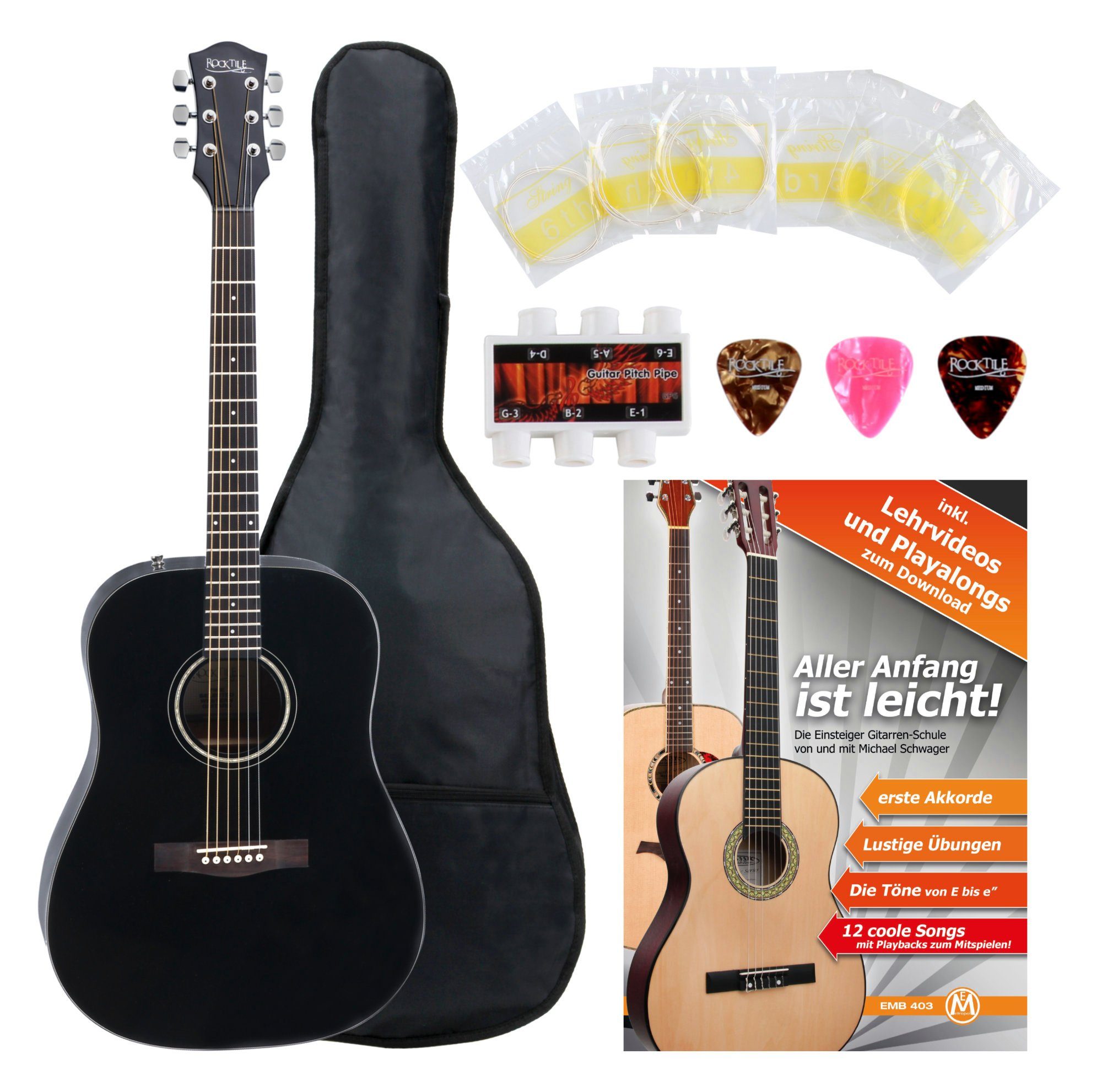 Rocktile Westerngitarre D-60 Akustikgitarre, Dreadnought, Starter-Set, Inkl. Tasche, Plektren, Ersatz-Saiten und Stimmpfeife, D'Addario Saiten - Boden & Zarge: Mahagoni