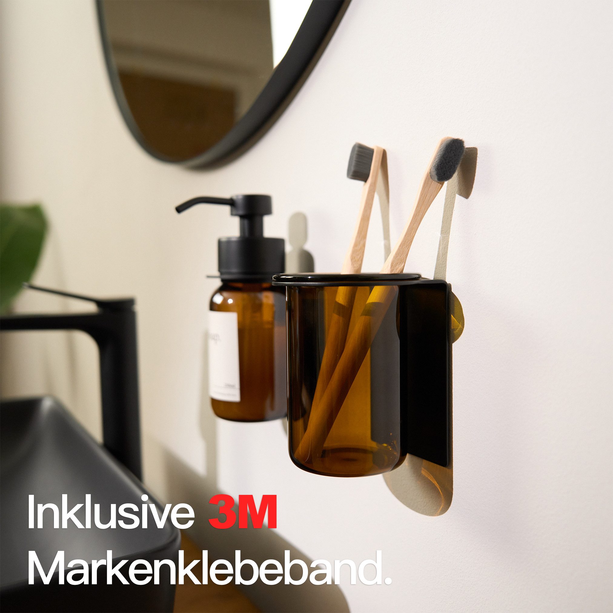 Designfabrik Hamburg Zahnbürstenhalter Glas Wandmontage ohne Bohren, pulverbeschichtet, Glas – Bild 3 von 5