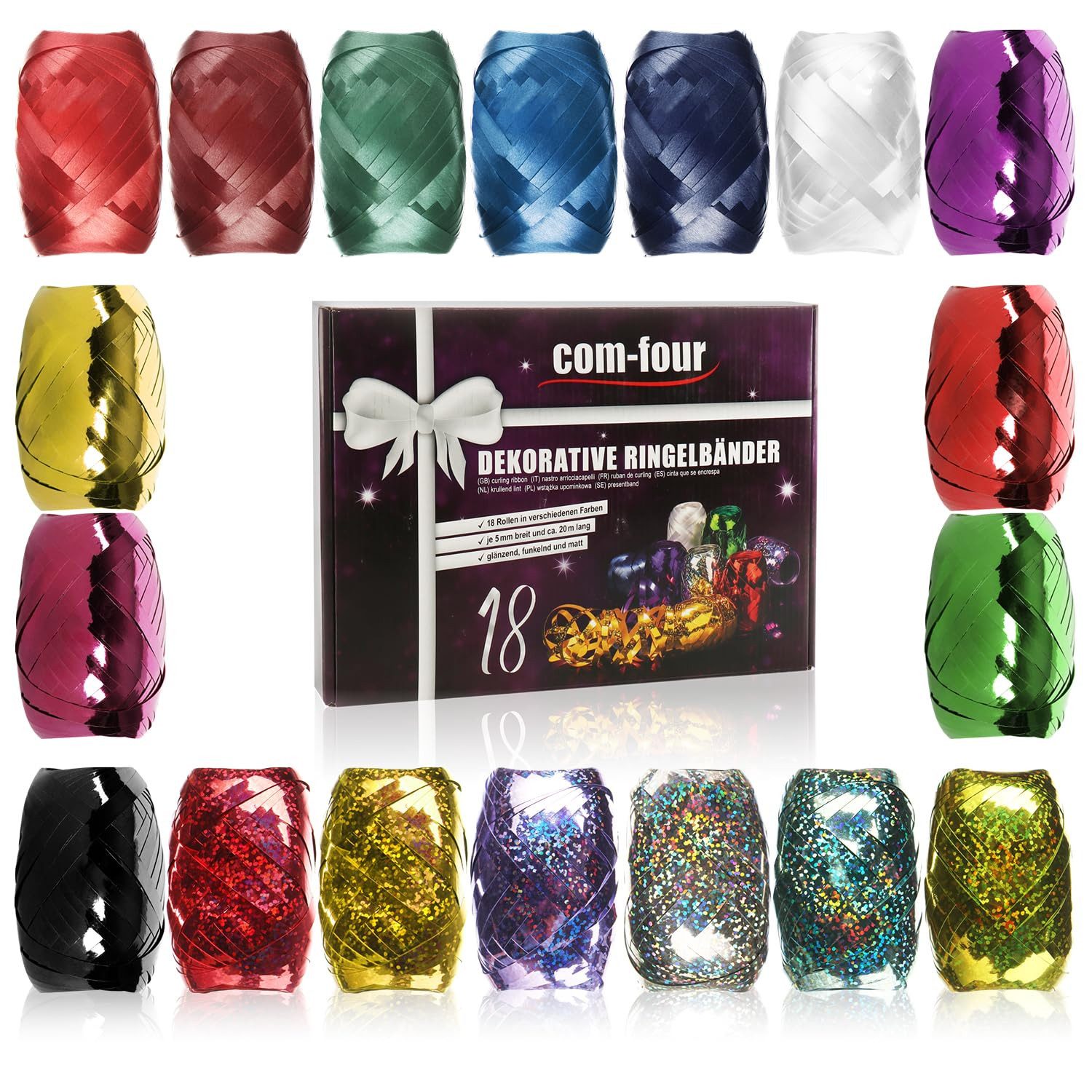 com-four Geschenkband Glitzer Ringelband in verschiedenen Farben, hochwertiges Geschenkband-Set, Polyband im stabilen Geschenk-Karton