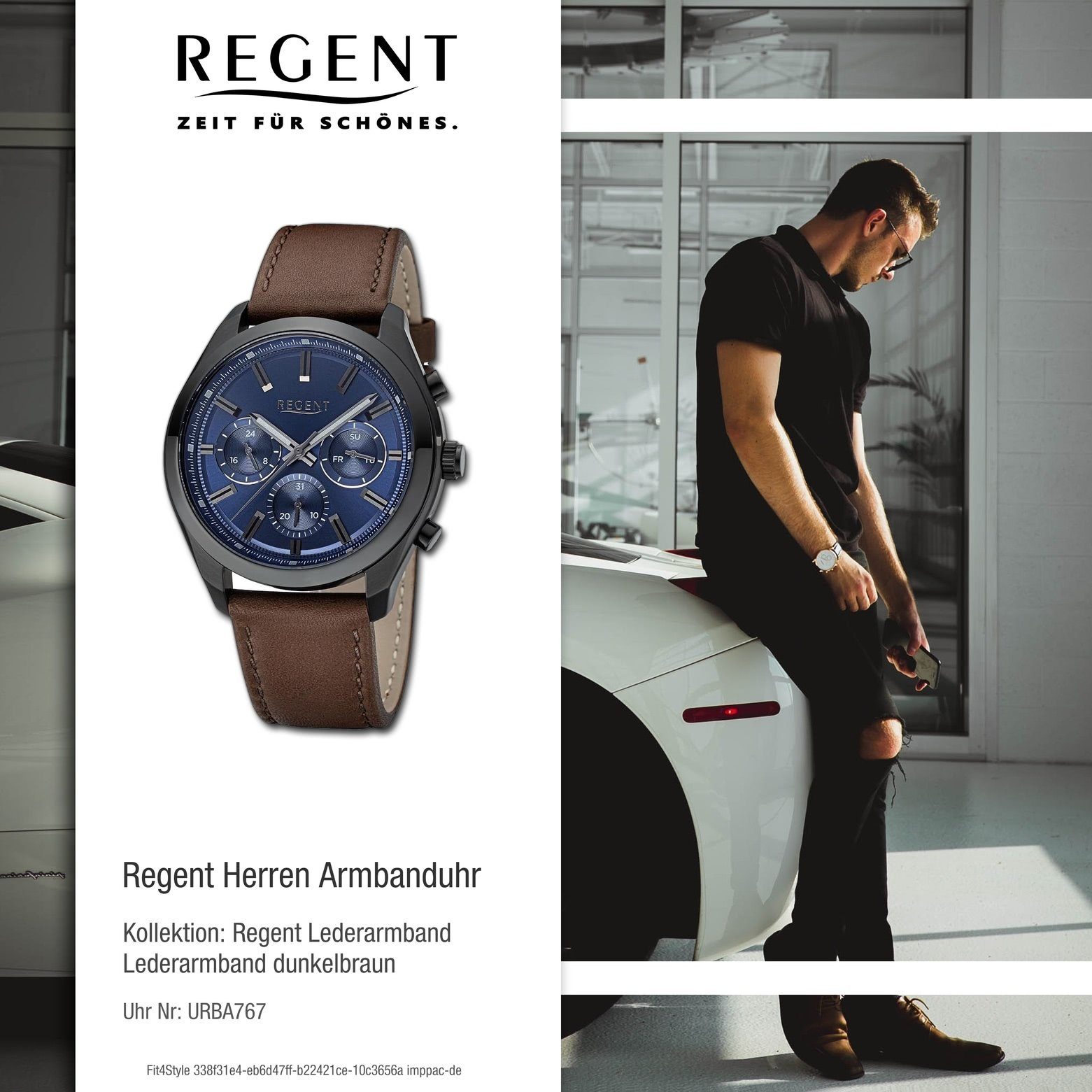 Armbanduhr Herren (ca. groß Armbanduhr Regent Analog, Regent Herren 44mm), rund, extra Lederarmband Quarzuhr