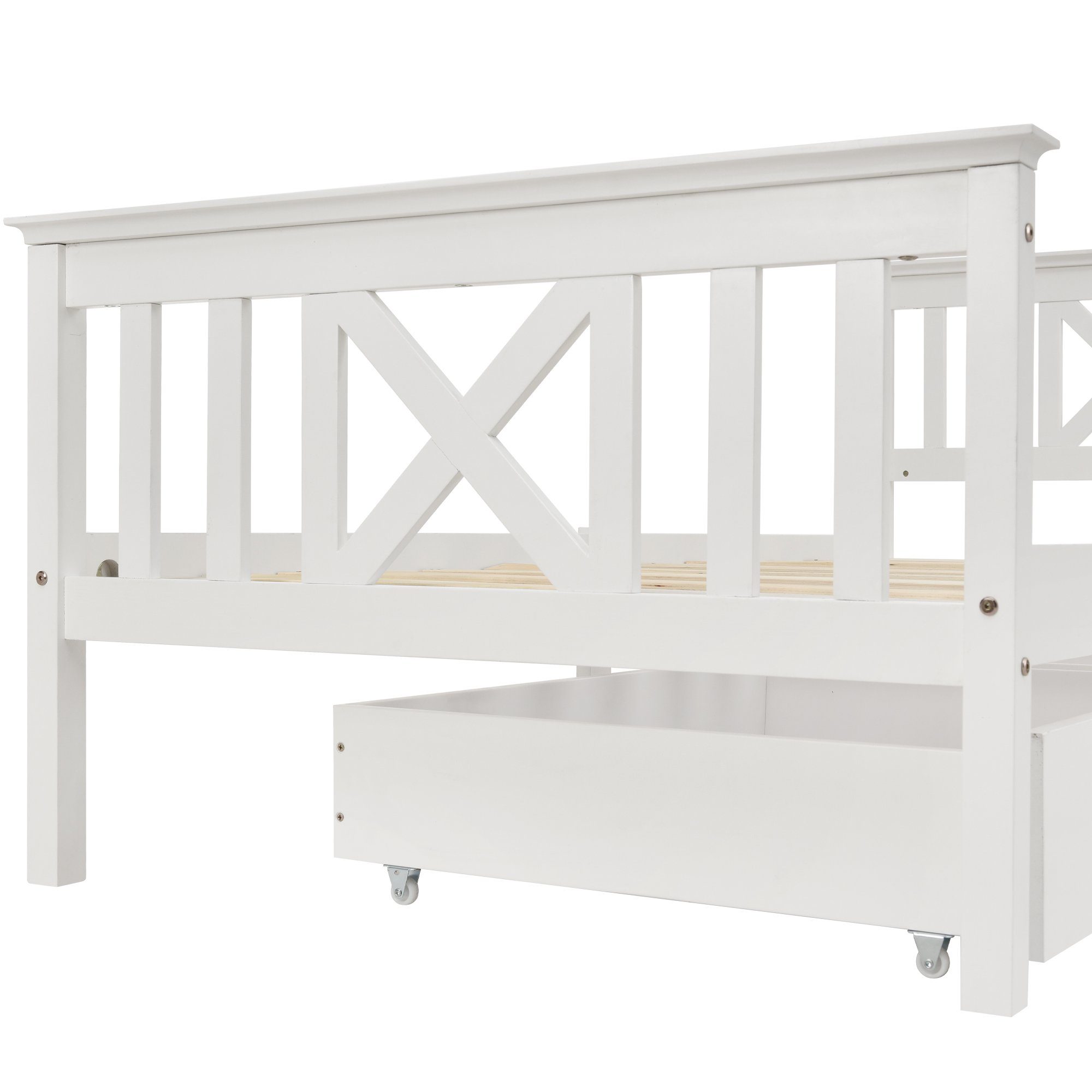 Massivholzbett, Einzelbett Holzbett mit 2 Schubladen, Lattenrost und Kopfteil 90x200cm