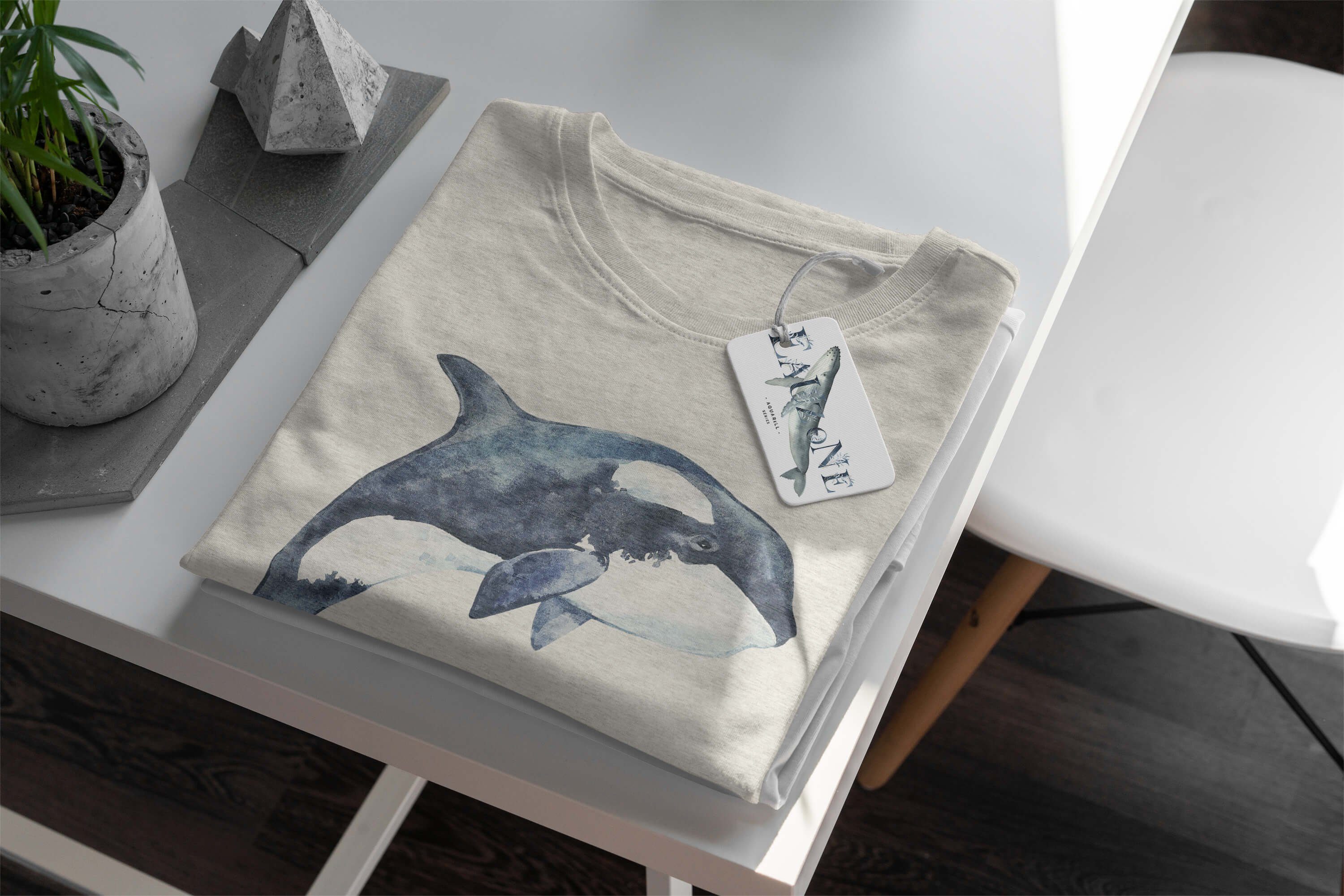 100% Wasserfarben Ökomo Killerwal Art Bio-Baumwolle Nachhaltig Orca T-Shirt Herren T-Shirt gekämmte Sinus (1-tlg) Motiv Shirt
