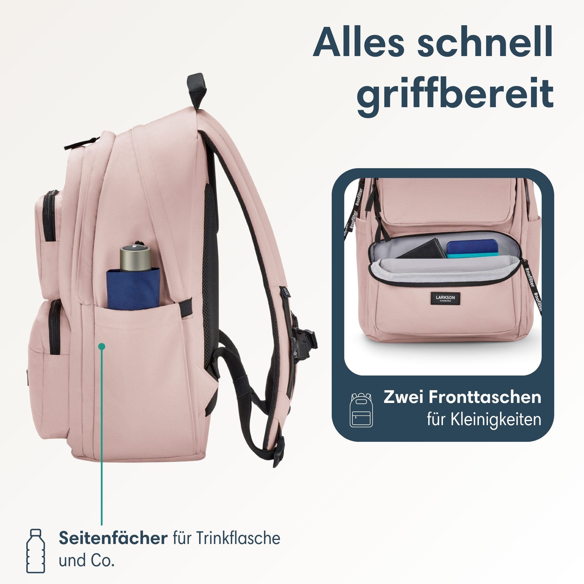 LARKSON Schulrucksack No 3 Advanced Rucksack für Schule, Mädchen Jungen (1-tlg), 3 Hauptfächer, Seitentasche, Laptopfach, Wasserabweisend