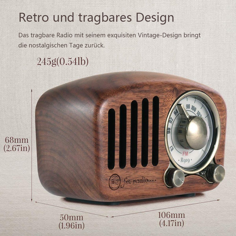Bluetooth Nussbaum Radio Klassisches-Holz GelldG FM Klein, mit Radio Retro Lautsprecher Tragbares