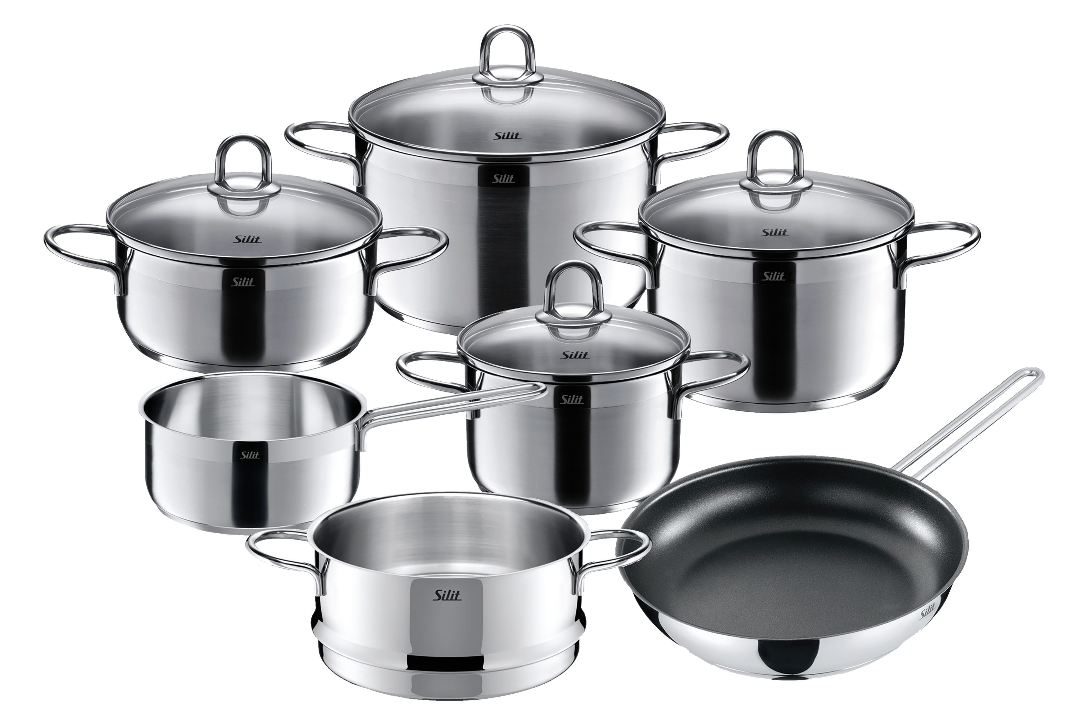 Silit Topf-Set Diamant, Edelstahl 18/10 (Set, 11-tlg., mit Dampfeinsatz), Silitherm-Allherdboden, induktionsgeeignet, spülmaschinengeeignet