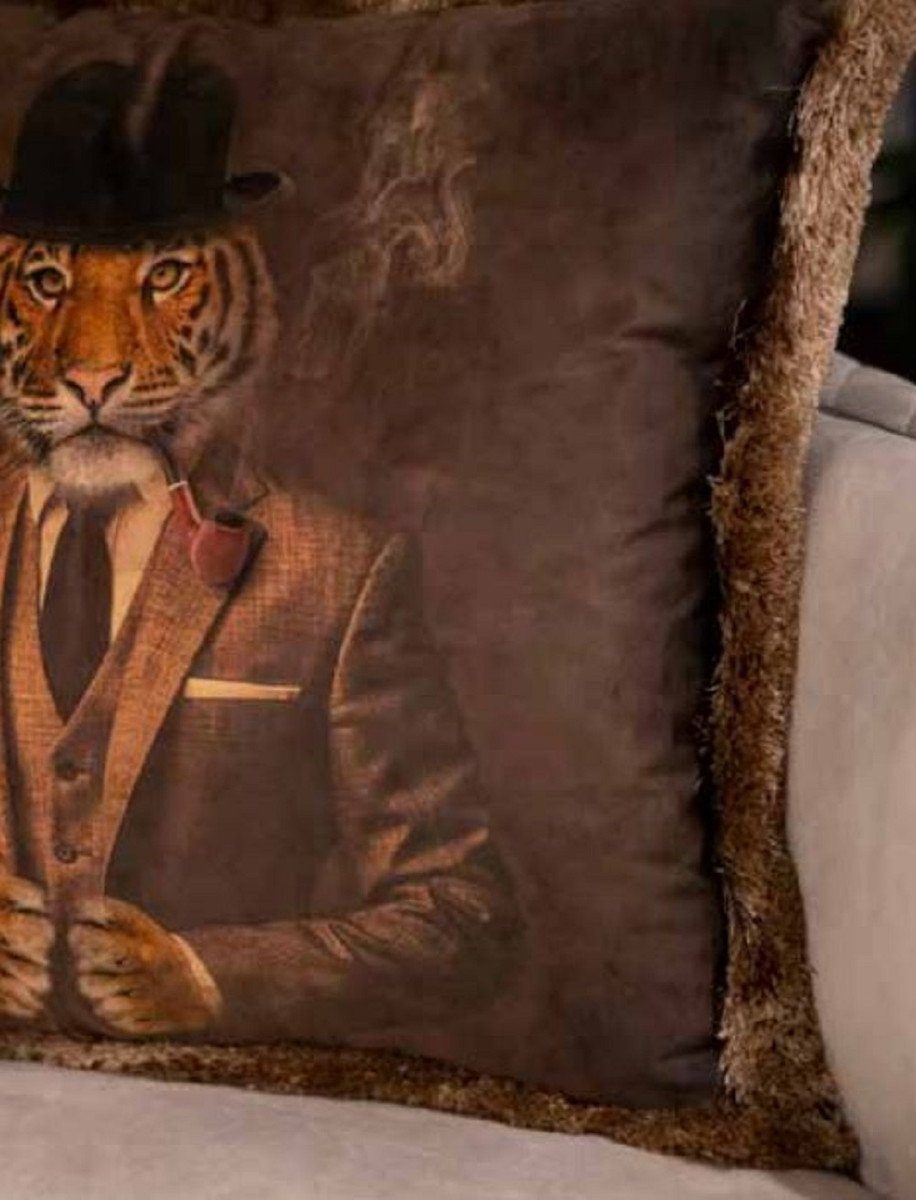 Deko Qualität Casa Gentleman Mehrfarbig x Samt Luxus Bedrucktes / 45 Padrino Tiger 45 cm mit - Braun Fransen - Dekokissen Kissen Kissen Luxus