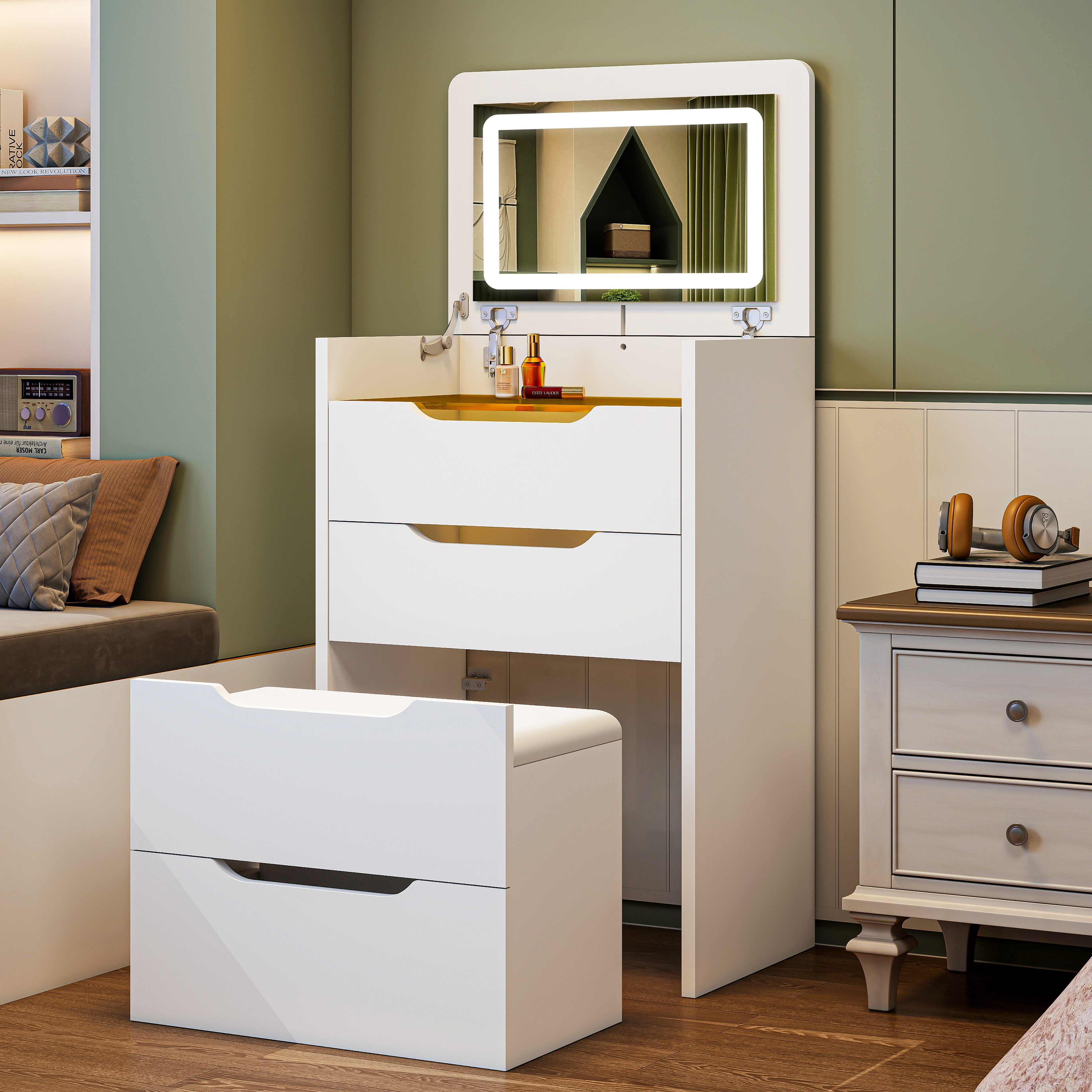 oyajia Schminktisch 3 in 1 Schminktisch mit Hocker und Schubladen, Klapp-Nachttisch Weiß (Aufklappbarer Spiegel Kosmetiktisch mit Schubladen, Fächern & Hocker), 60 x 40 x 130 cm Modern Schminktisch-Set fürs Schlafzimmer