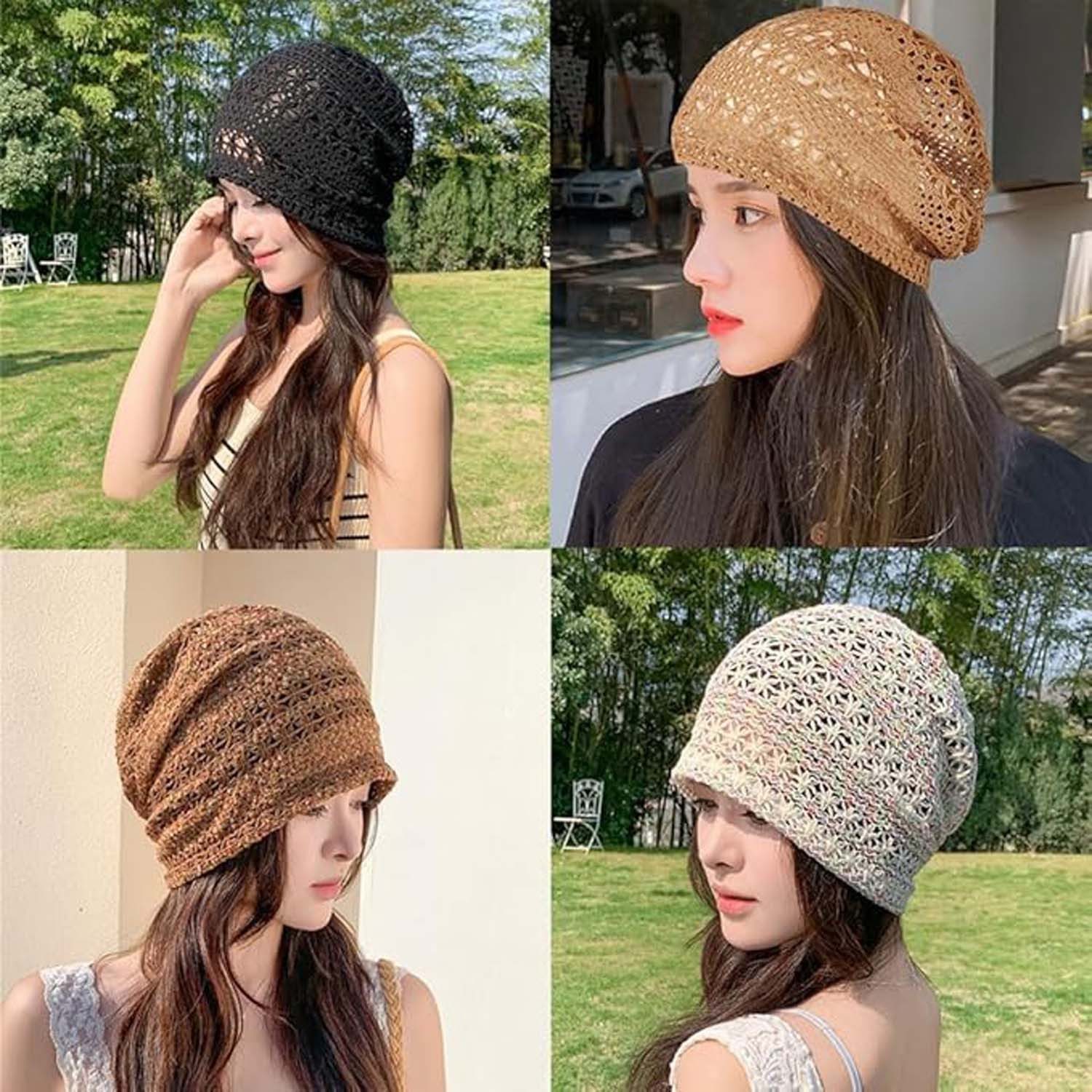 Oemmn Beanie Damen Sommer-Strickmützen Handgemacht Häkelmütze Slouch Beanie Mütze – Bild 4 von 5