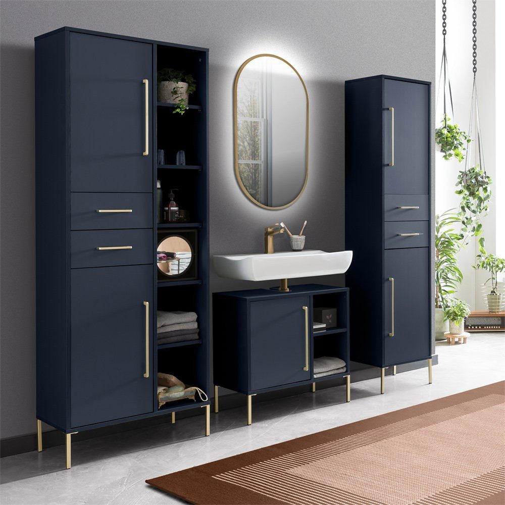 Lomadox Badmöbel-Set KELLA-80, (Spar-Set, 4-St), Badmöbel Set inkl. LED-Spiegel in nachtblau, : 202,9/184,3/33,1 cm