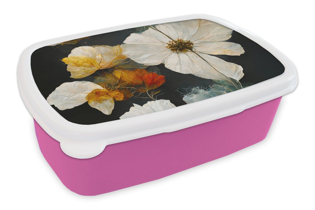 Weiß, Lunchbox rosa Kunststoff, - Brotdose Kinder, Blumen (2-tlg), Mädchen, Brotbox Erwachsene, Schwarz für - Pflanzen Snackbox, - Kunststoff MuchoWow