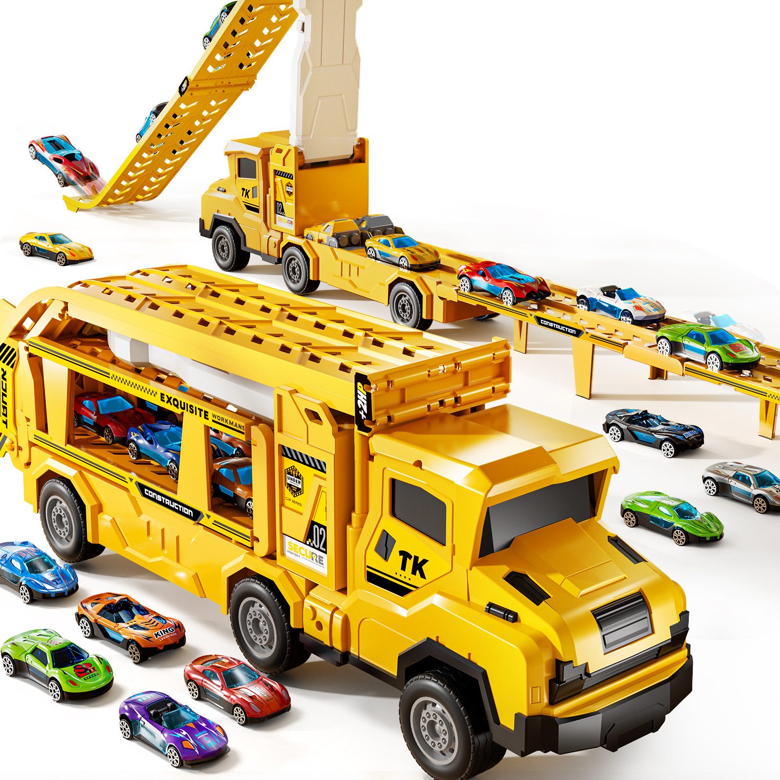TEMI Spielzeug-Auto Transform Rennbahn LKW Spielzeug Set mit 12 Druckguss Autos
