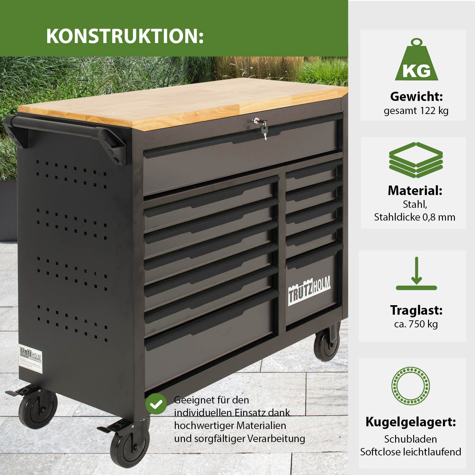 TRUTZHOLM Werkzeugwagen Star XL 103 x 112 cm Stahl schwarz/grau 12 Schubladen Hartholzplatte, unbestückt, Zentralverriegelung der Schubladen, Schiebegriff