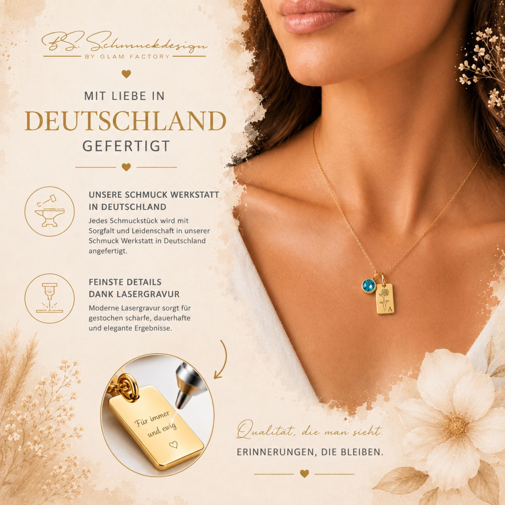 BS Schmuckdesign Kette mit Anhänger mit Gravur Personalisierte Halskette Damen mit Gravur Monatsblume Initiale (inkl. Geburtsstein), inkl. Geschenkbox – Bild 3 von 5