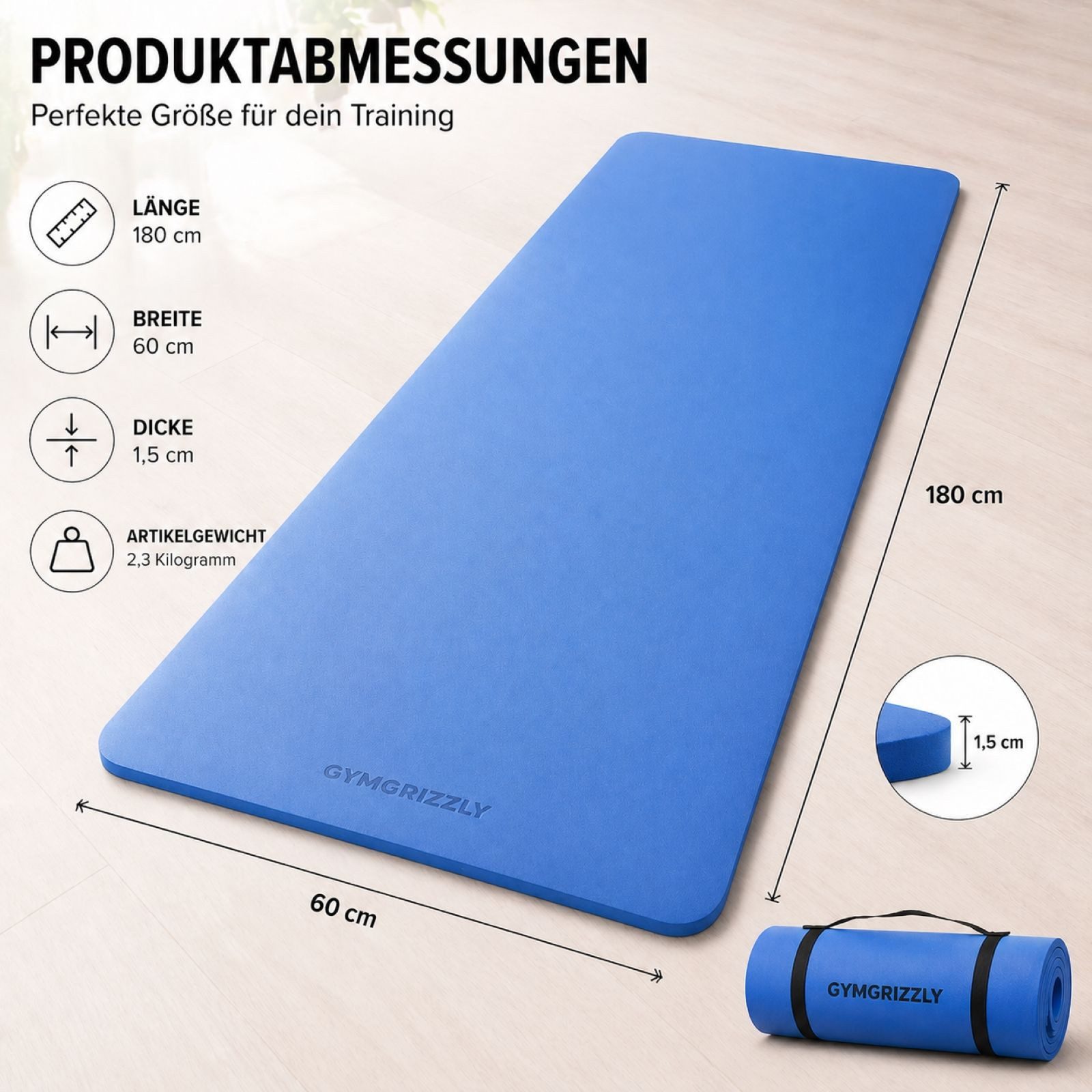 Glory Sports GmbH & Co. KG Yogamatte Yogamatte Trainingsmatte Gymnastikmatte 180x63x1,5cm Pilates Blau – Bild 2 von 5