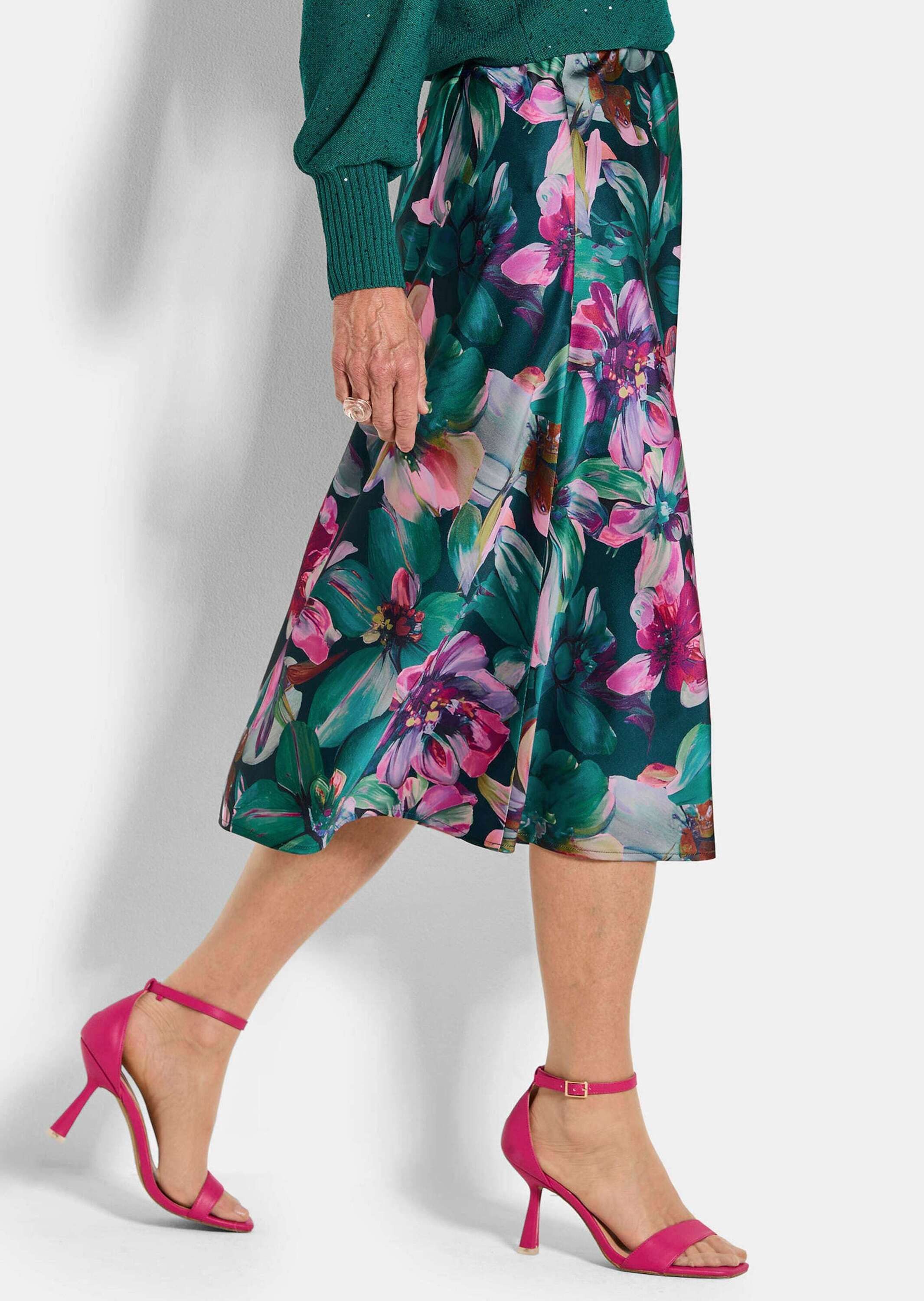 GOLDNER Schlupfrock Eleganter A-Linienrock, floraler Print Midirock aus schimmerndem Satin mit elastischem Bund, verschlusslos – Bild 4 von 5