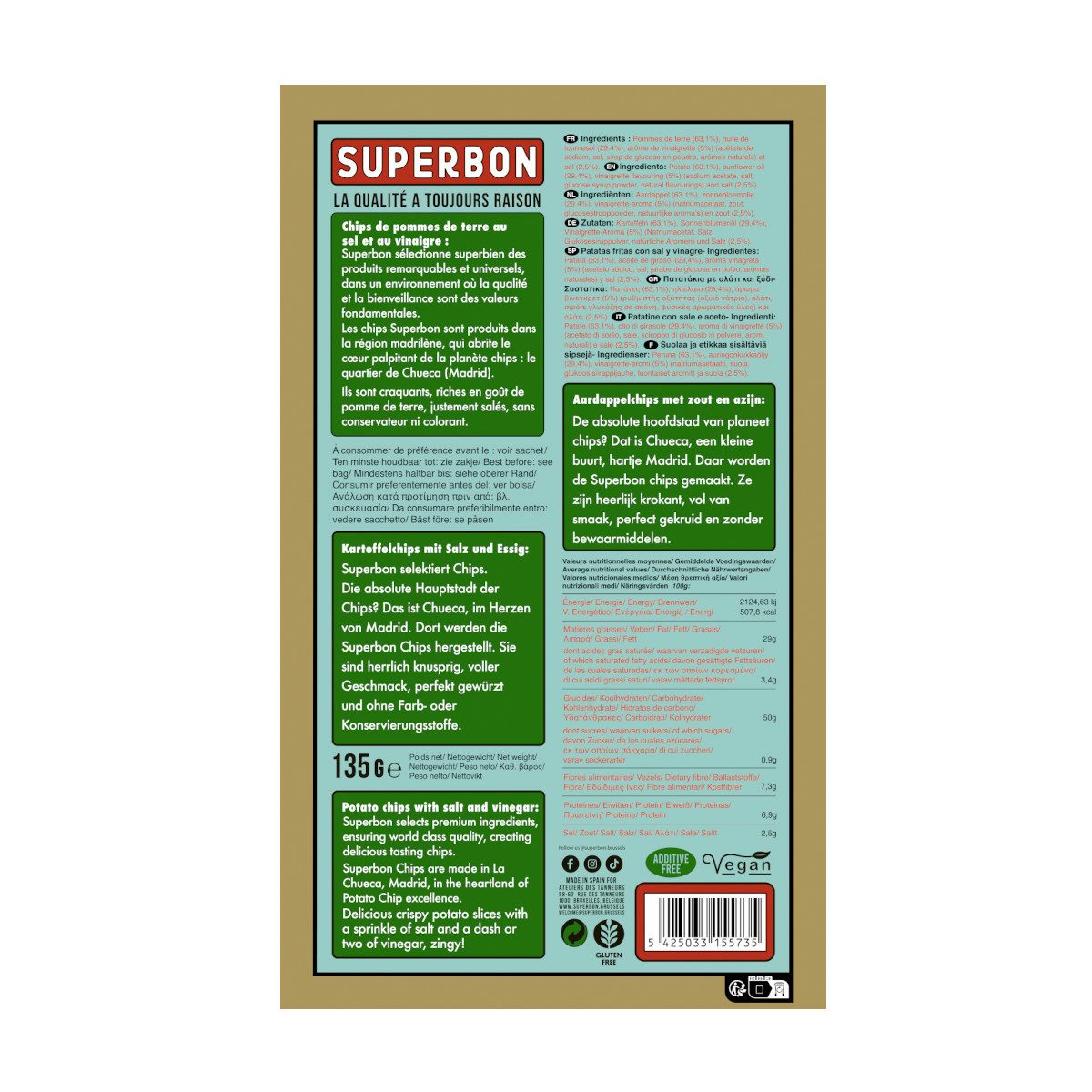 Superbon Knabberei, Superbon Chips Salt and Vinegar Knusprige Kartoffelchips Beutel 135g
