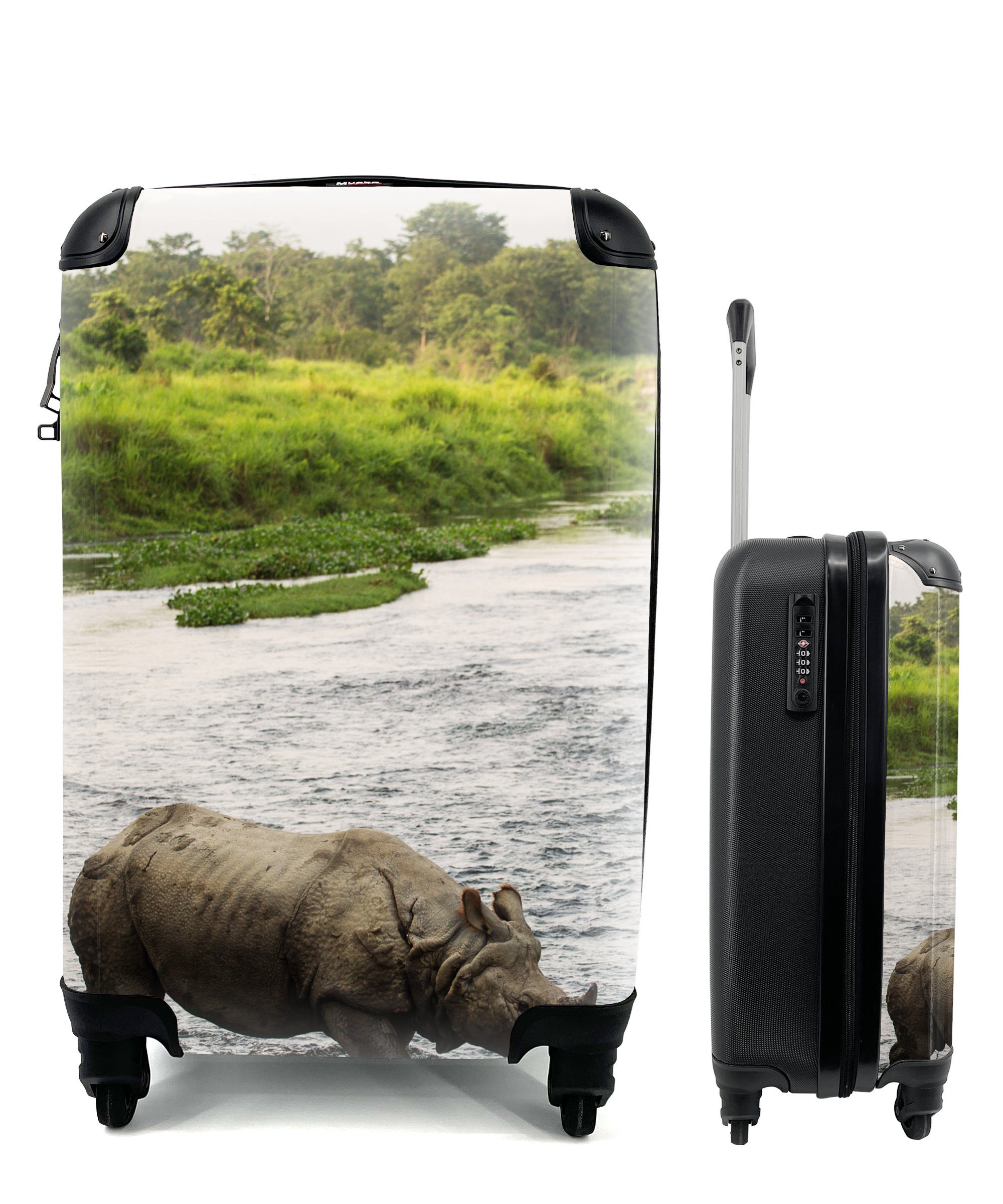 MuchoWow Handgepäckkoffer Nashorn im Wasser, 4 Rollen, Reisetasche mit rollen, Handgepäck für Ferien, Trolley, Reisekoffer