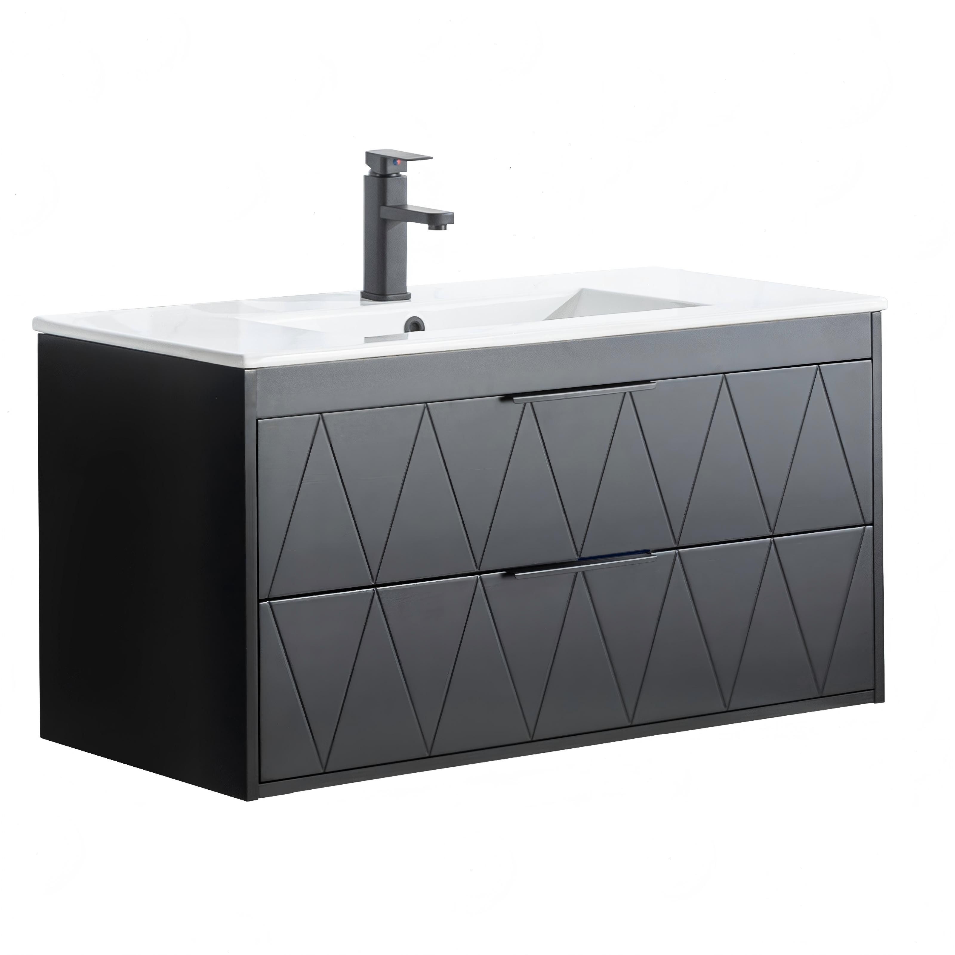 UEV Waschtisch mit Unterschrank, Hängender Waschbeckenunterschrank 60cm/75cm/90cm (mit Wasserhahn und Pop-up-Ablassventil), Soft-close Schubladen, Badezimmerschrank mit Waschbecken aus Keramik