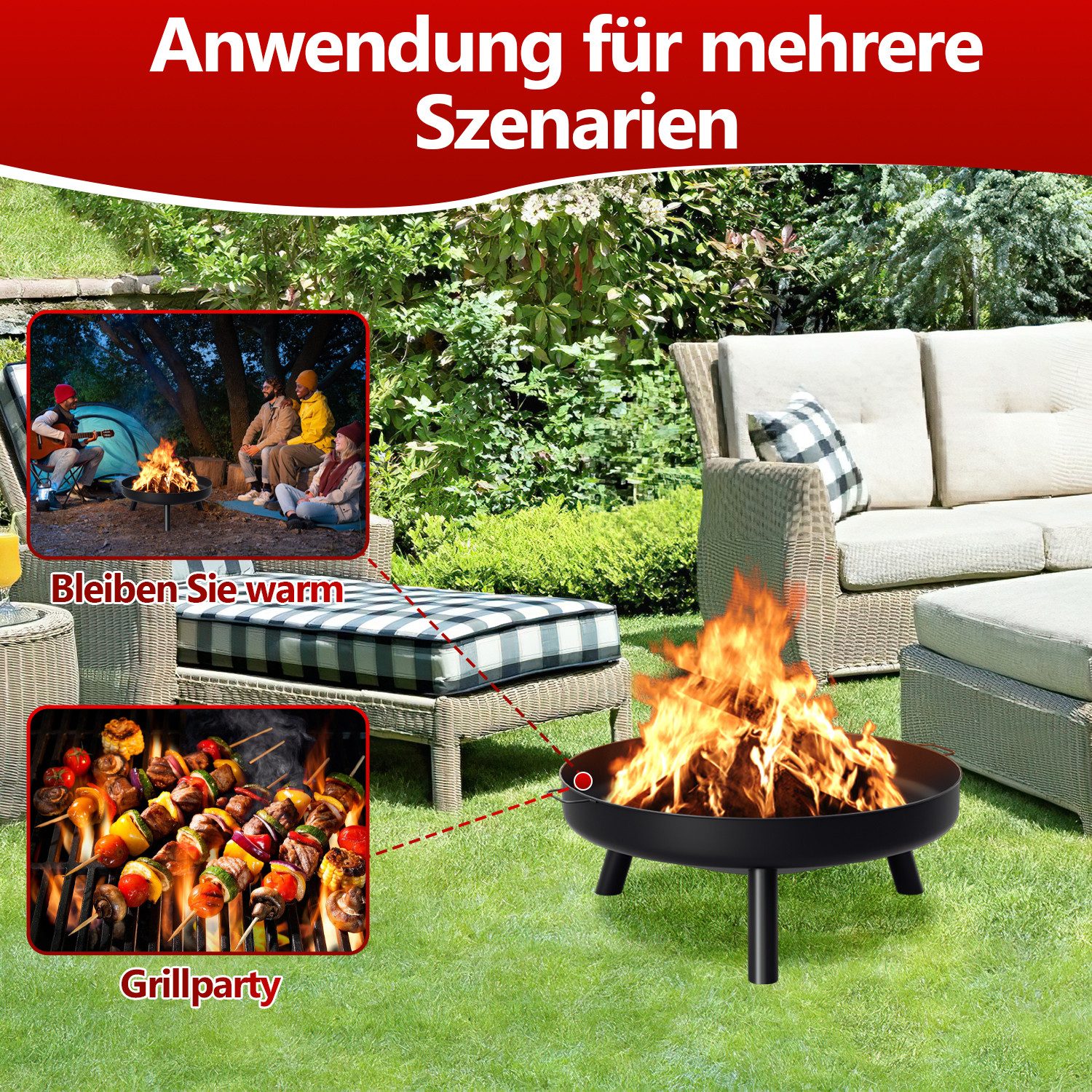 Clanmacy Feuerschale Feuerschale Garten mit Loch Heizstrahler Anti-Rost-Füße 80 cm – Bild 3 von 5